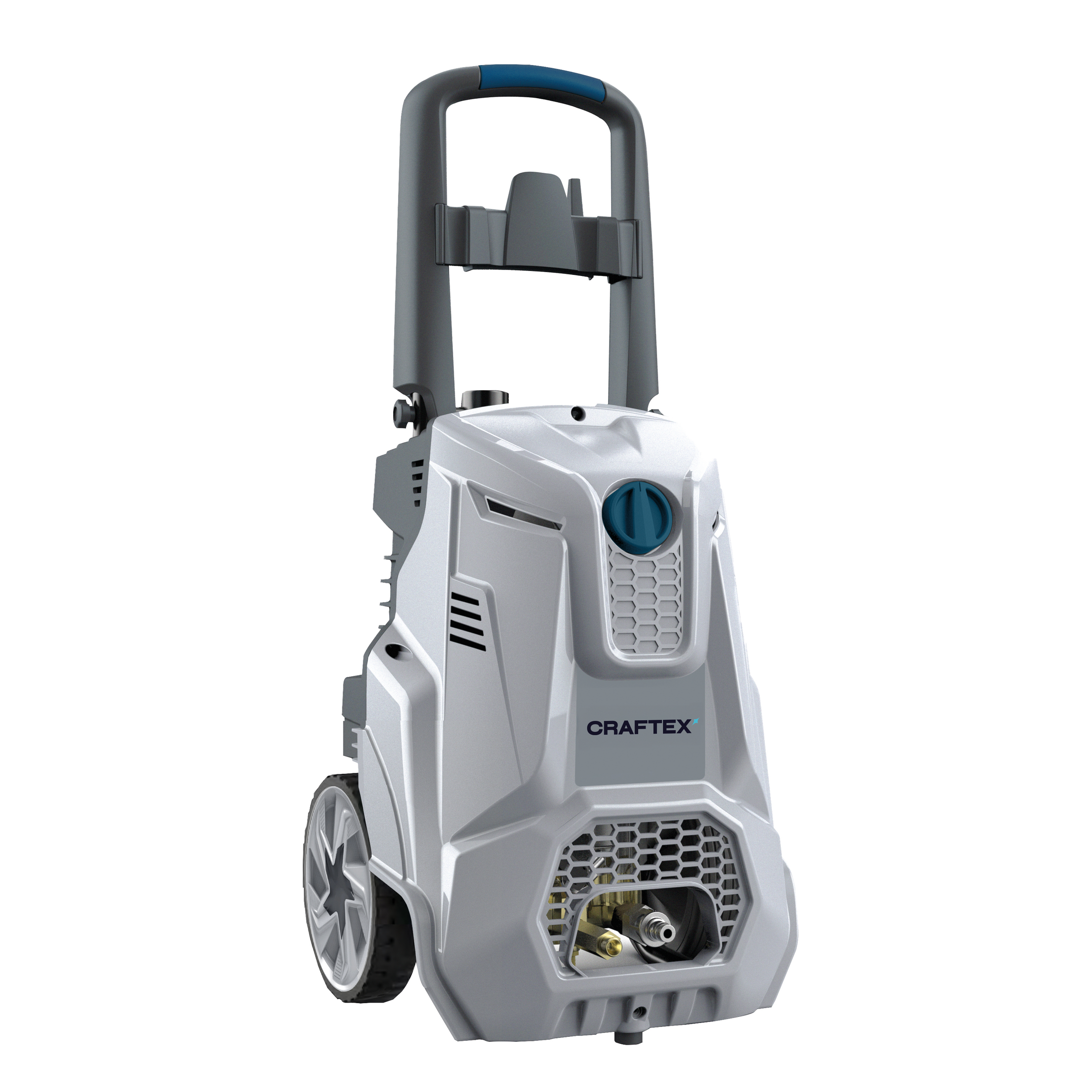 Gray and white pressure washer with large wheels, a black spray gun holder, and a blue control dial, labeled 'Craftex'.
