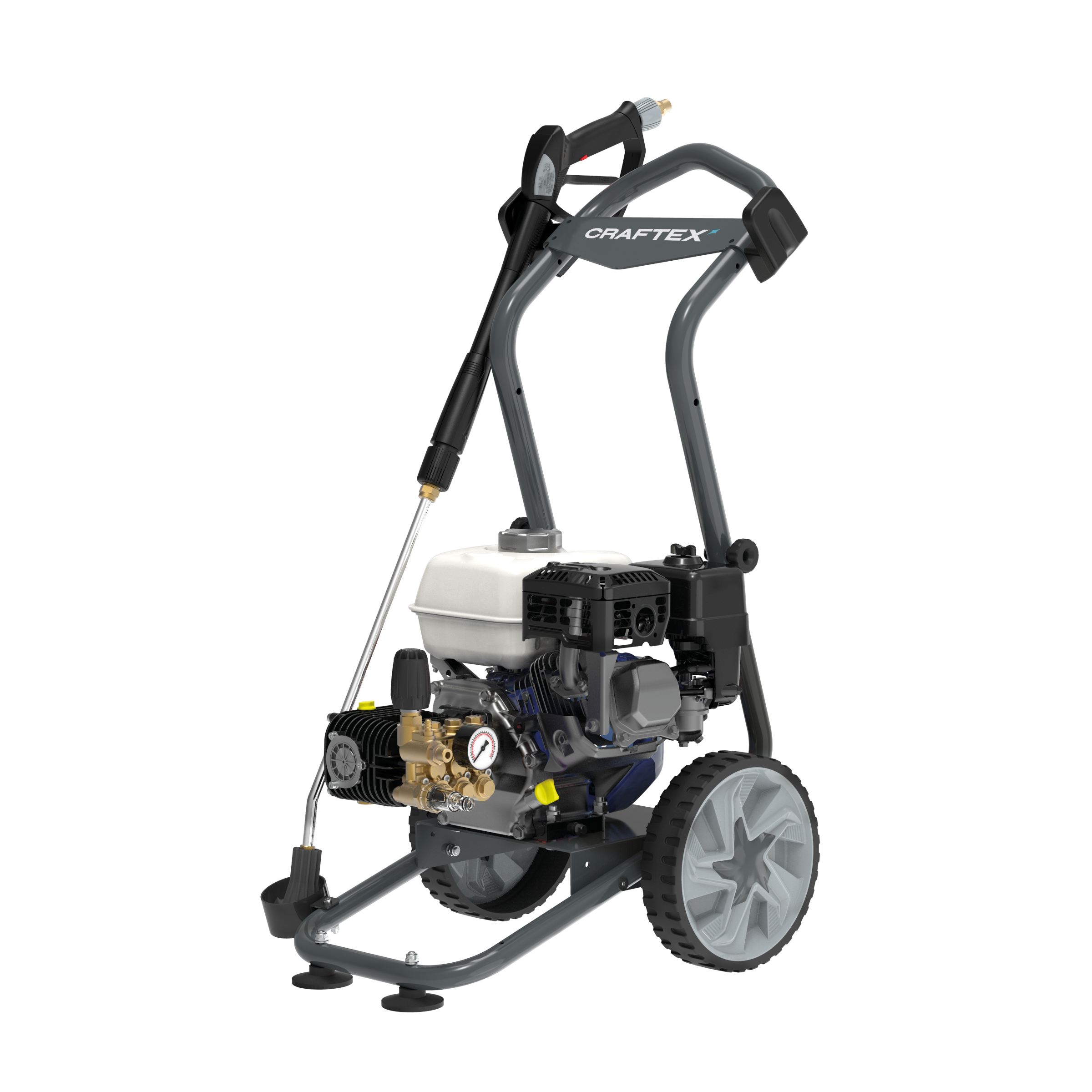 A pressure washer with a metal frame, large wheels, and a gas engine