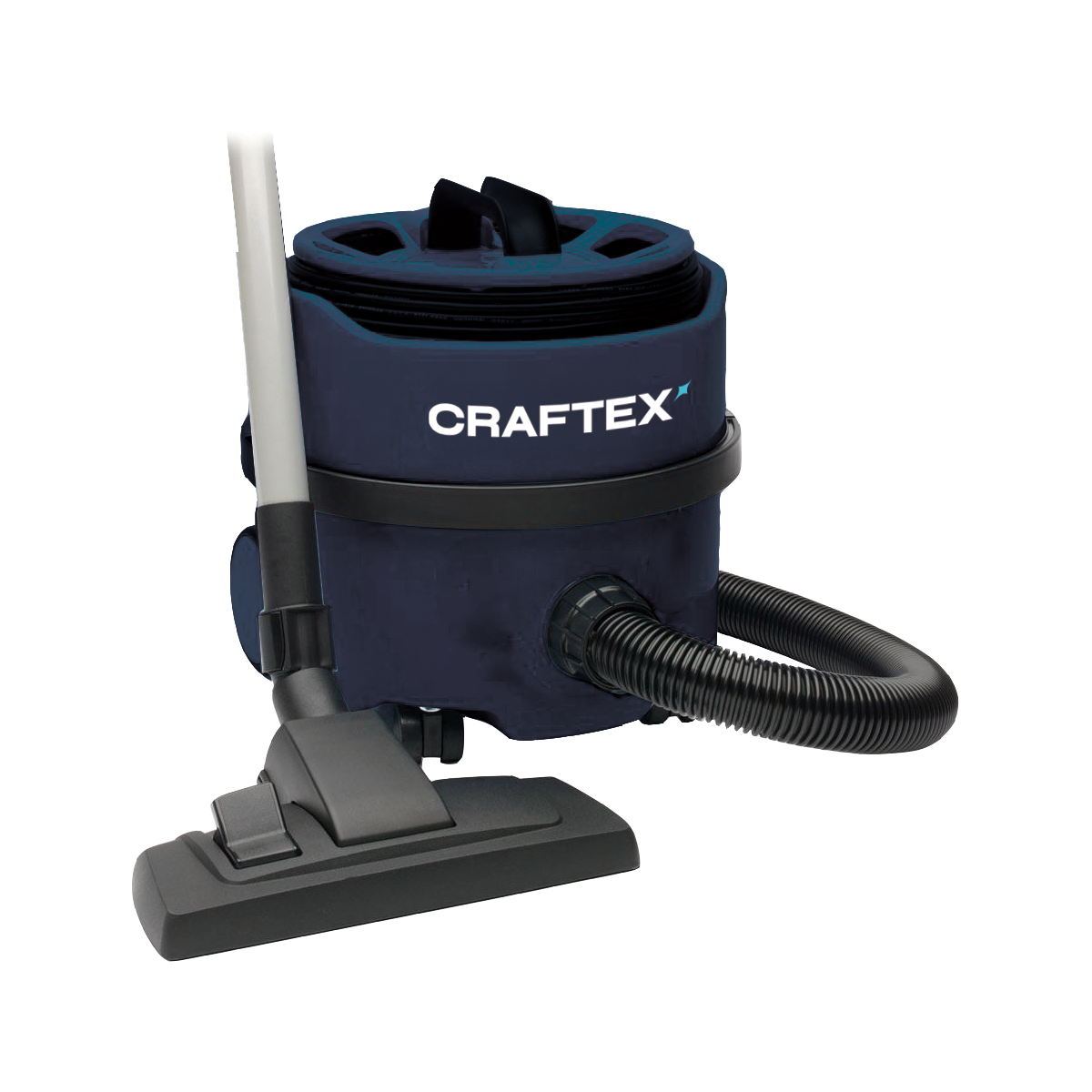 A blue Craftex vacuum cleaner with a black hose and a gray vacuum head.