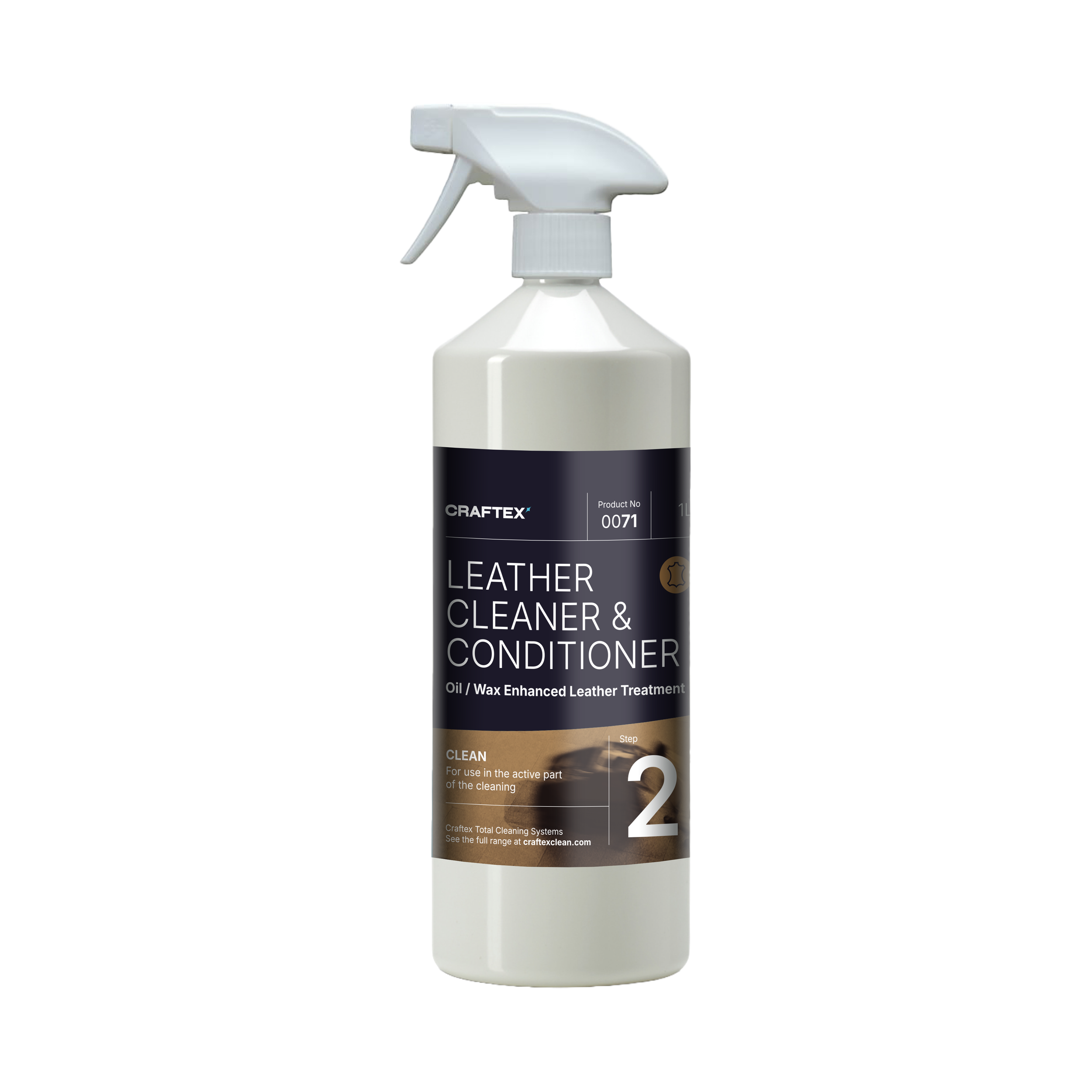A white spray bottle labeled 'Leather Cleaner & Conditioner' with a trigger spray head, black and brown label, and an indication that it is step 2 for cleaning and conditioning leather.