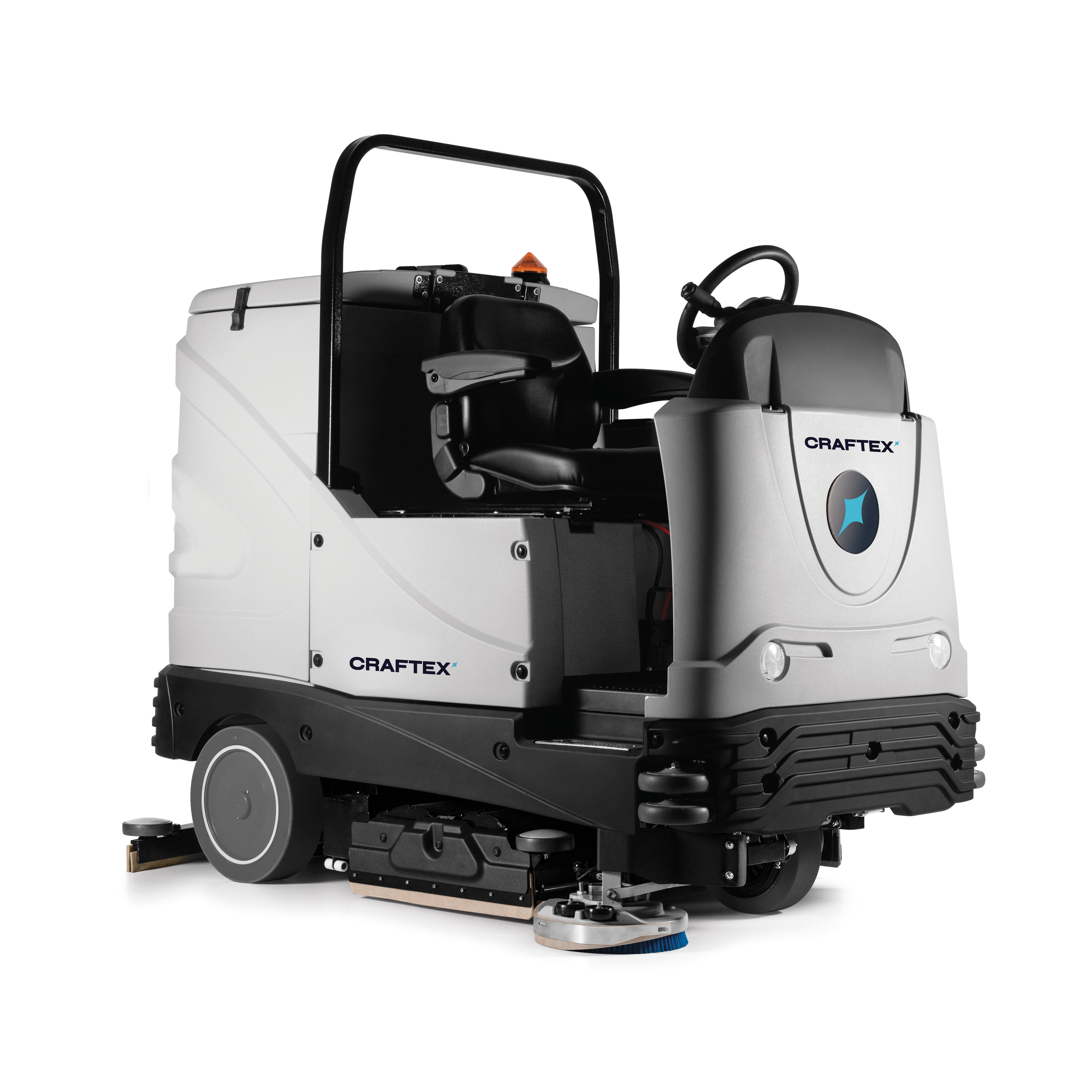 A Craftex ride-on floor scrubber with a black seat and steering wheel, white body, black base, and gray wheels, designed for commercial cleaning.