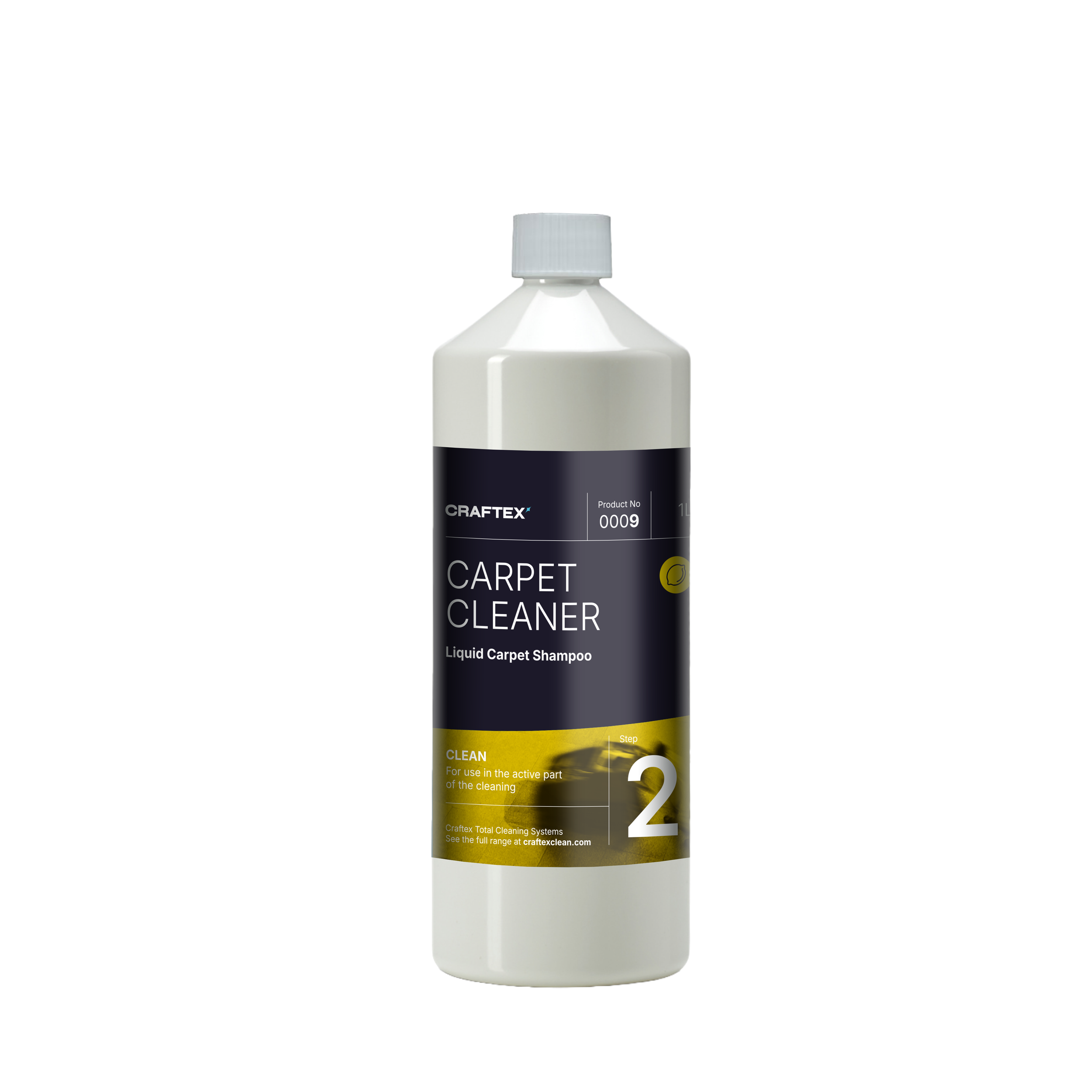 Bottle of Craftex Carpet Cleaner Liquid Carpet Shampoo with black, yellow, and white label, sitting on a gray surface.