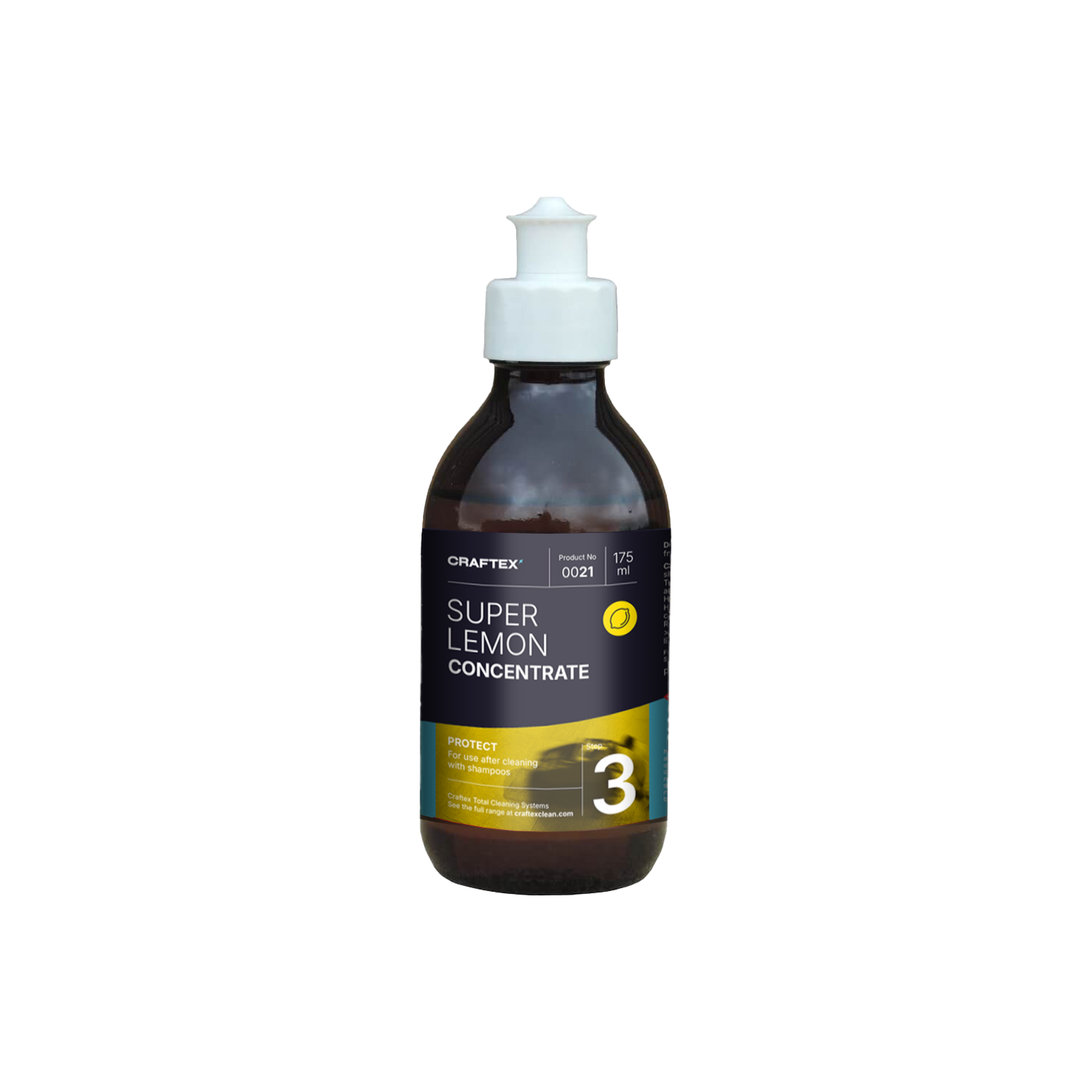 Bottle of Craftex Super Lemon Concentrate cleaner with white cap and dark label featuring yellow accents.