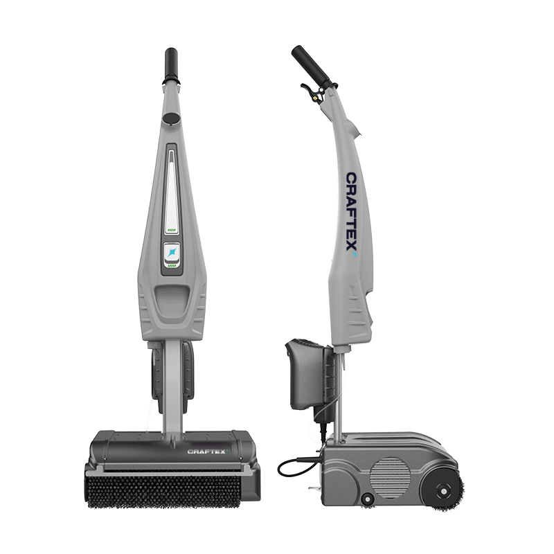 Two gray and black Cordless vacuum cleaners, one labeled 'CRAFTEX', standing upright on a gray surface.