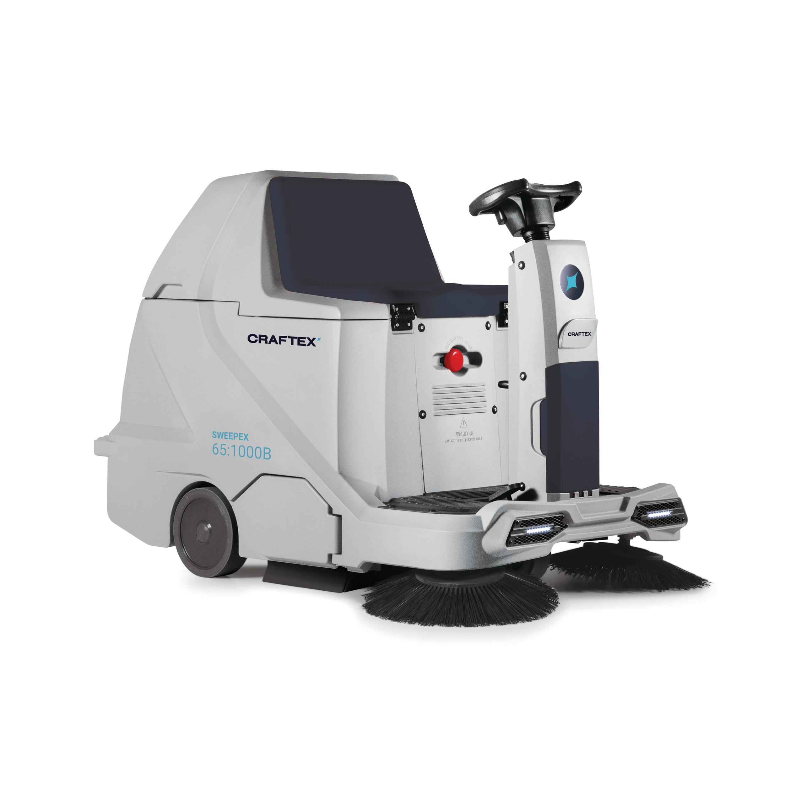 Automated floor cleaning machine with a seat, controls, and rotating brushes in a neutral color.
