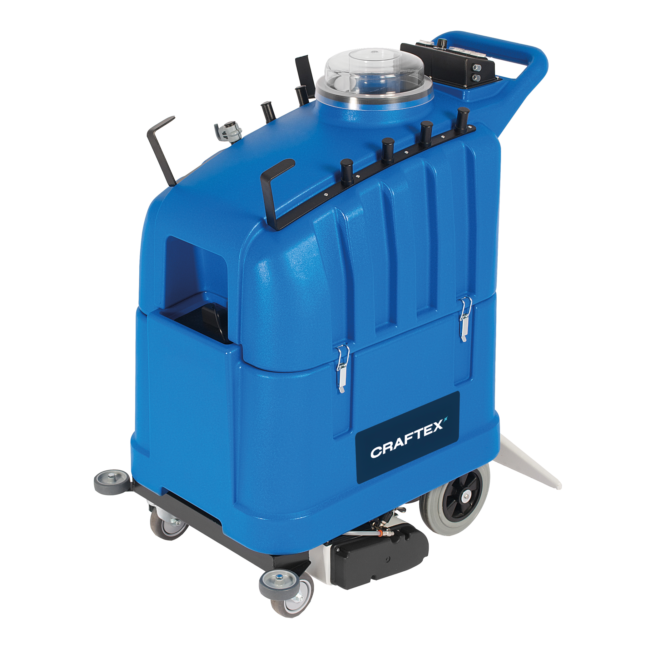 Blue Craftex cleaning machine with wheels and black handle