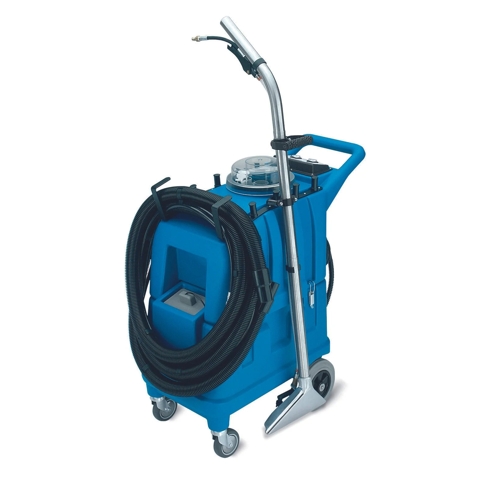 Cleaning cart with vacuum hoses and a floor cleaning machine on wheels.