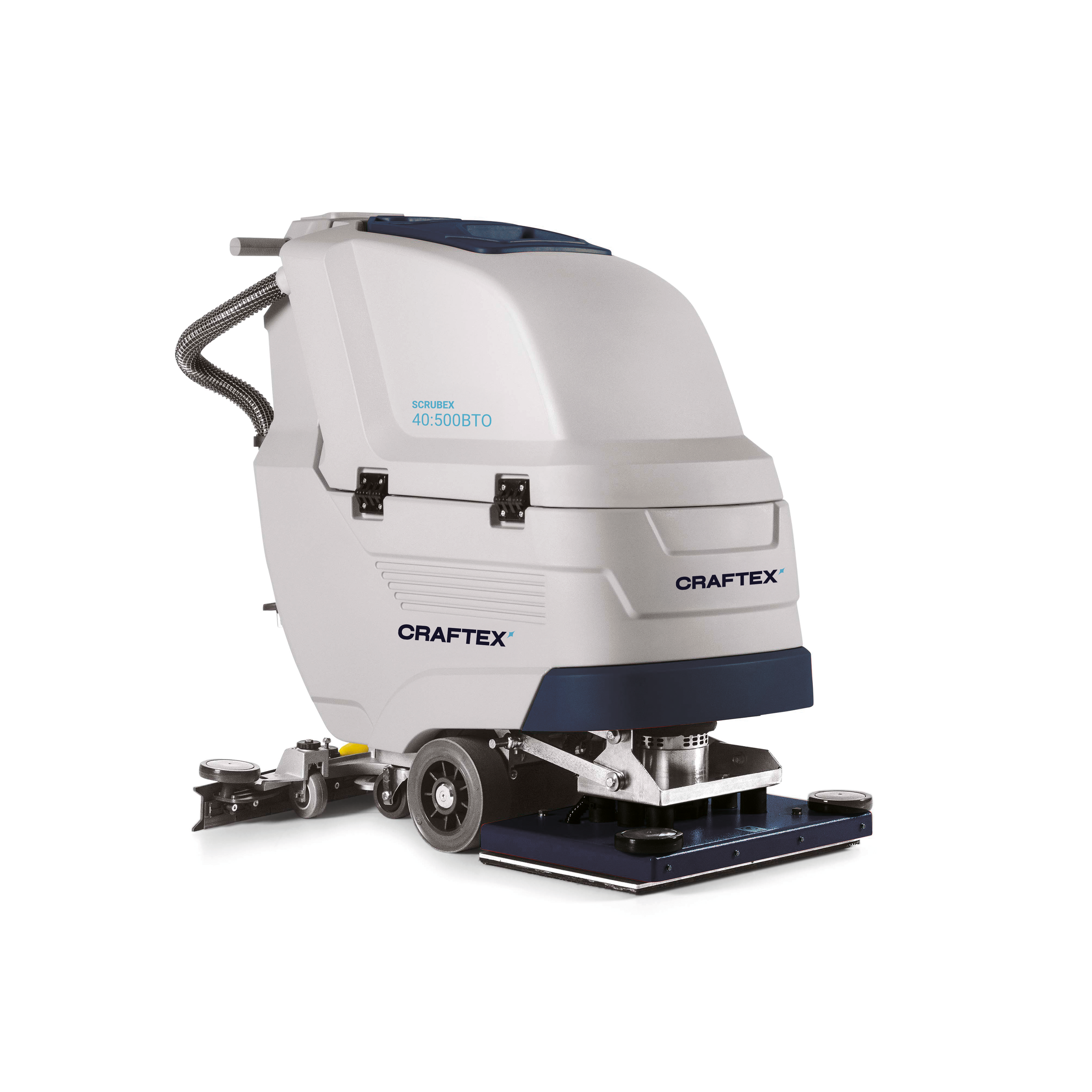 Industrial floor cleaning machine with gray and blue accents