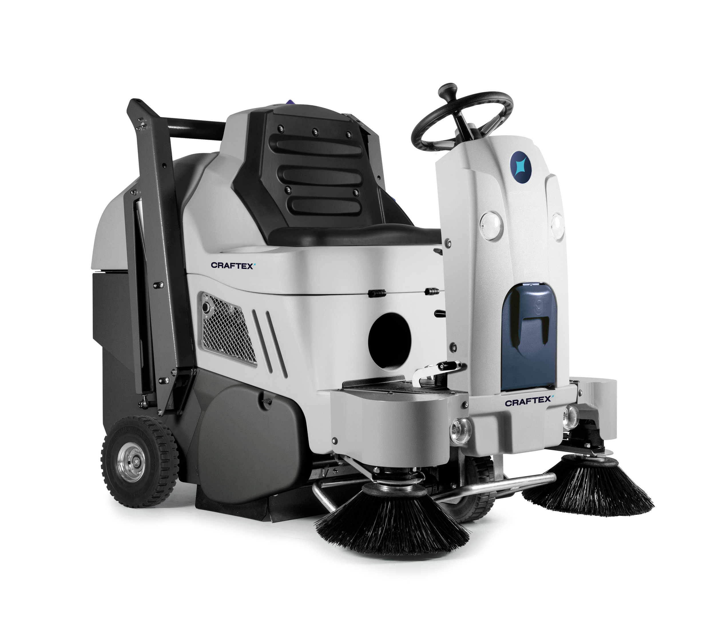 Automated floor cleaning machine with two side brushes and a raised operator seat