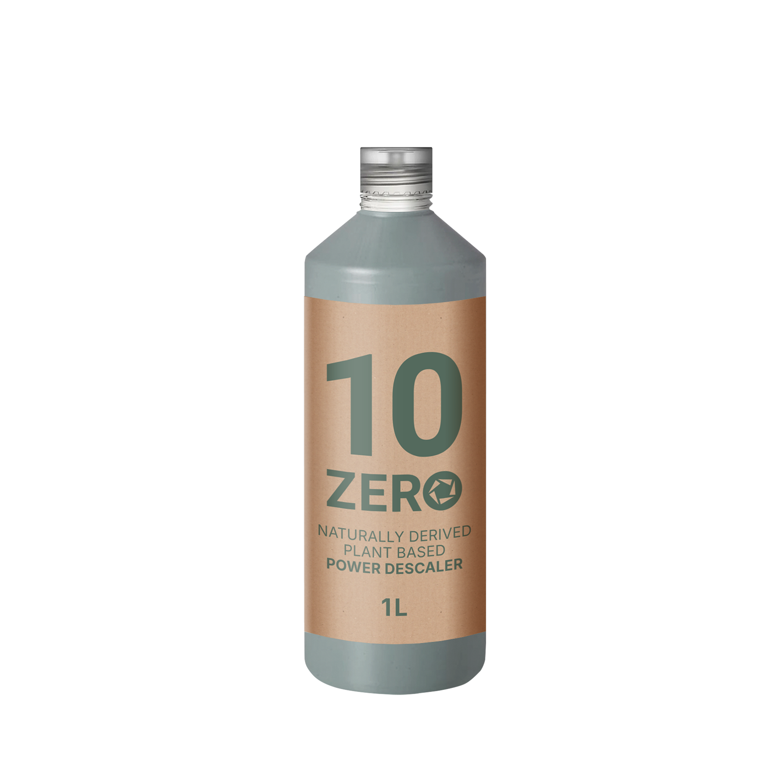A 1-liter bottle of plant-based power descaler labeled '10 ZERO', with a beige and gray label, standing upright against a black background.