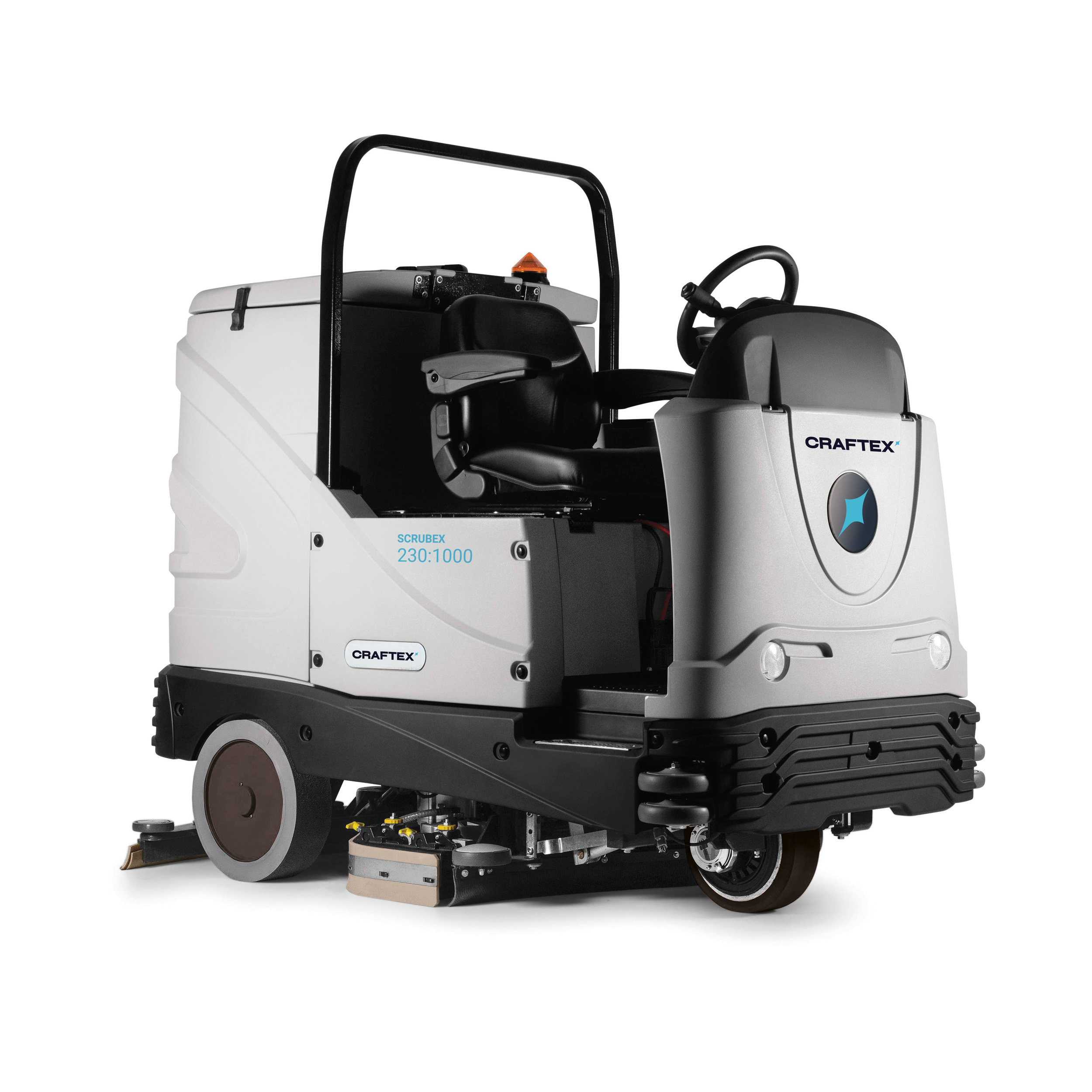 A ride-on floor scrubbing machine with a white and black body, black seat, steering wheel, and large wheels, labeled 'CRAFTEX' and 'SCRUBEX 230:1000'.