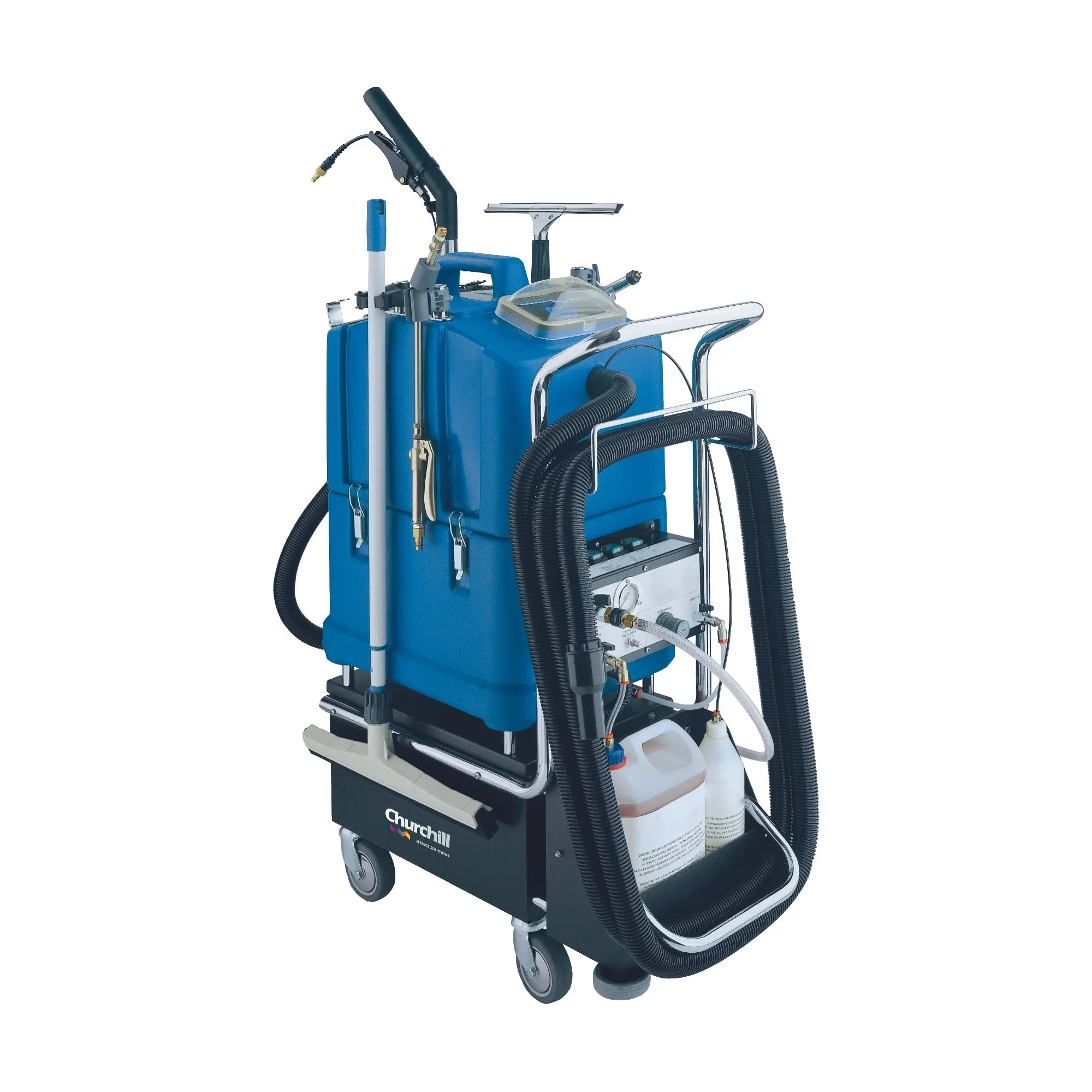Medical or industrial cleaning machine with hoses, tanks, and controls, labeled Churchill.