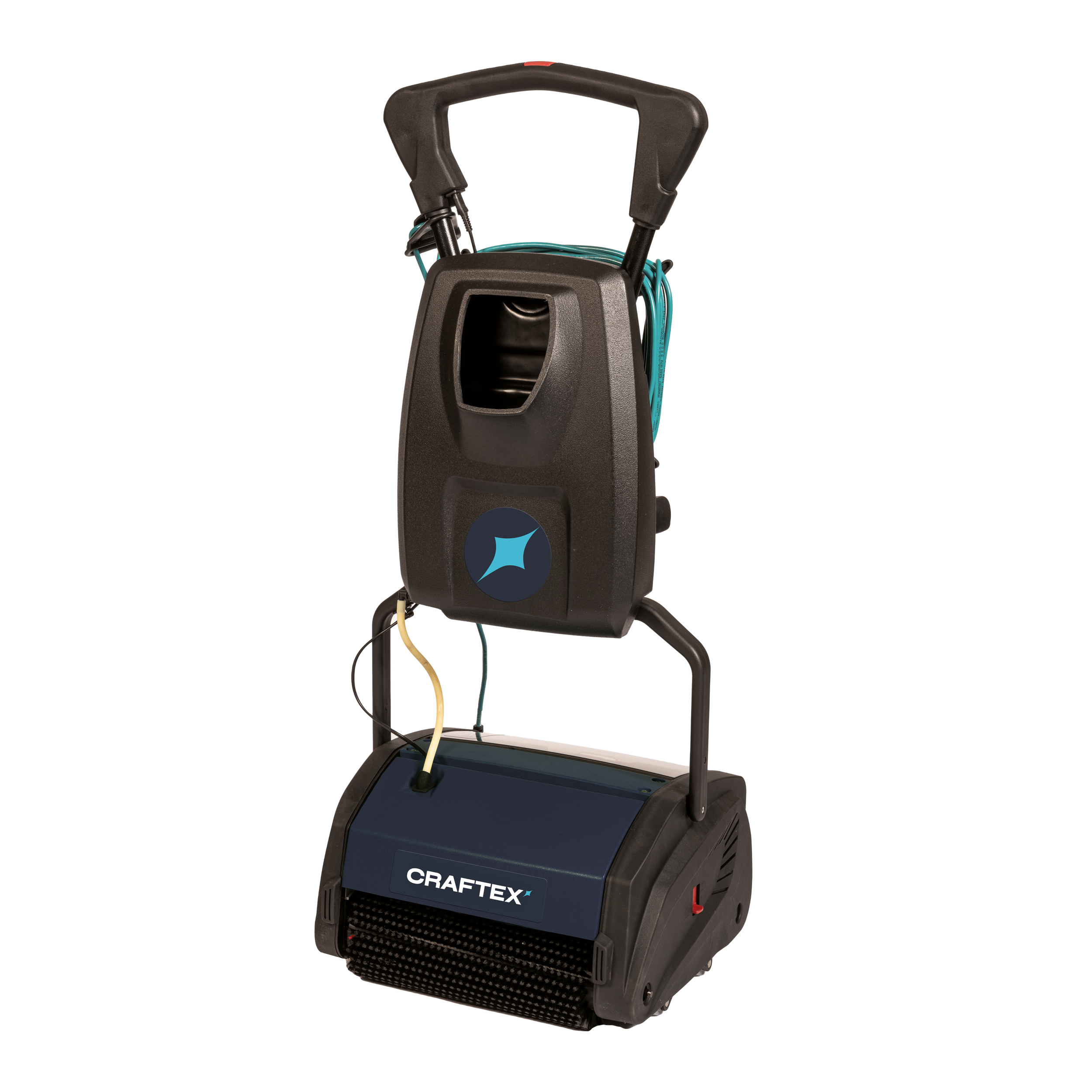 Portable floor cleaning machine with a blue and black body, labeled CRAFTEX, featuring a handle, hoses, and a cord.