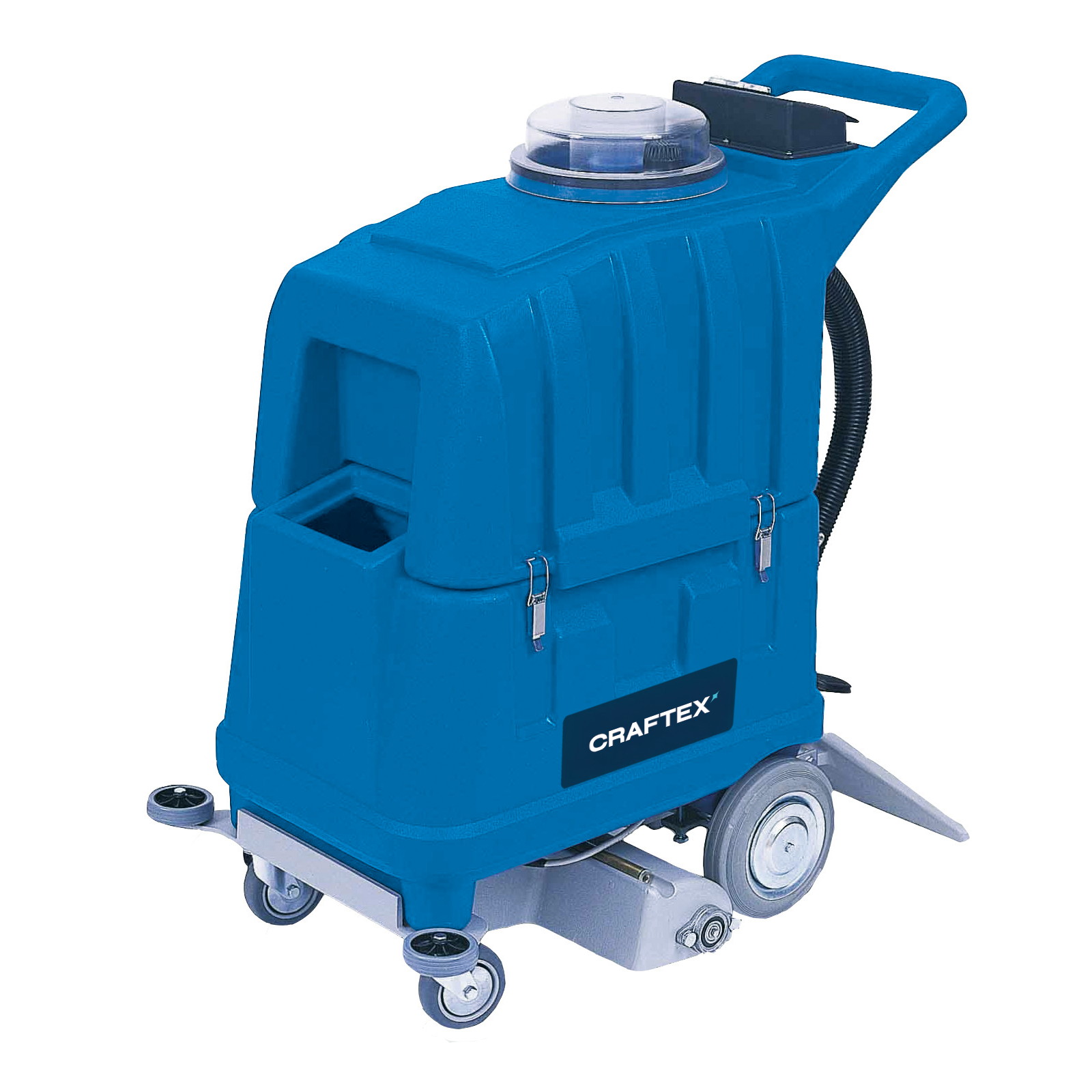 Blue commercial carpet cleaning machine with wheels, labeled 'Crafttex', featuring a water and detergent tank, hoses, and brushes.