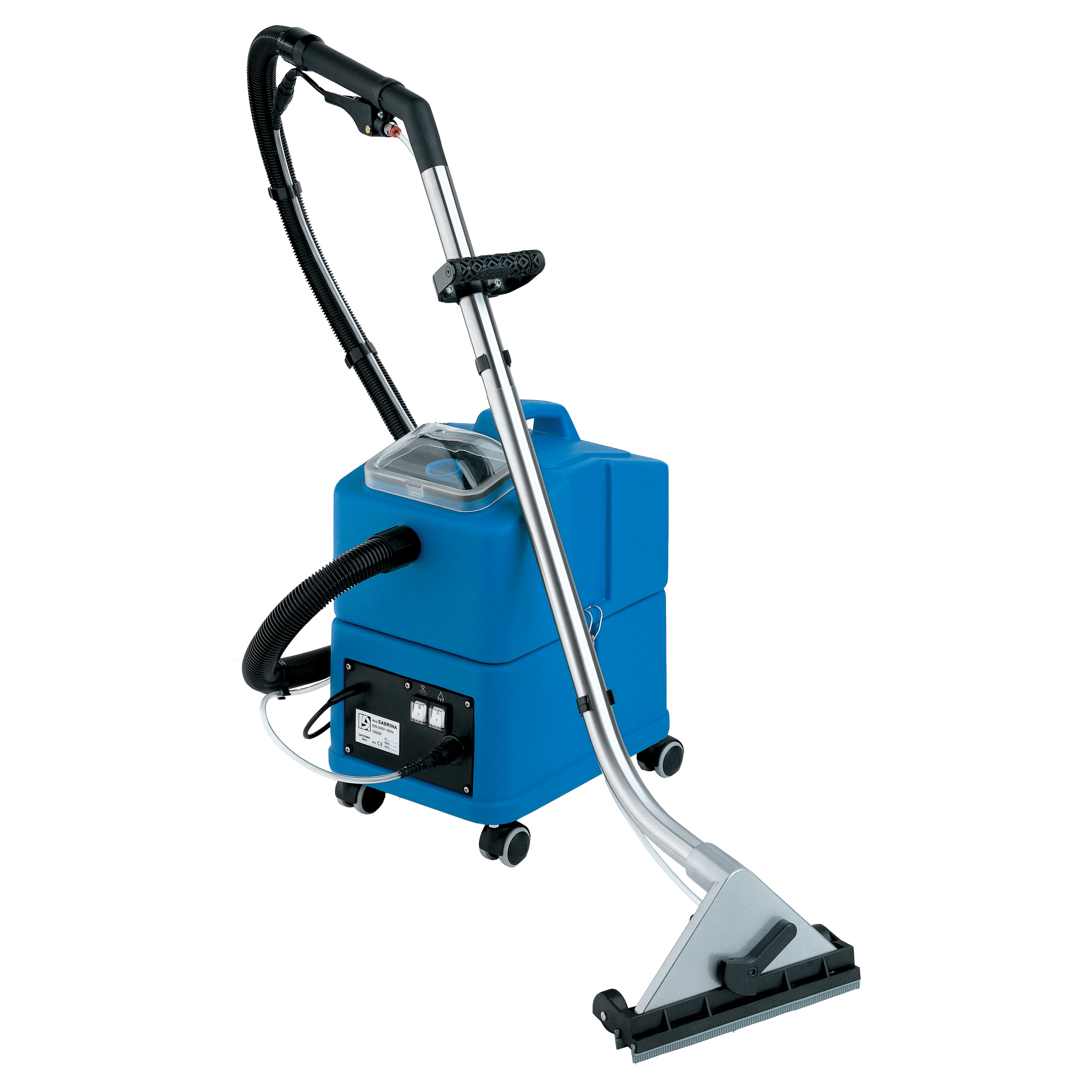 Blue industrial vacuum cleaner with a long hose and floor attachment.