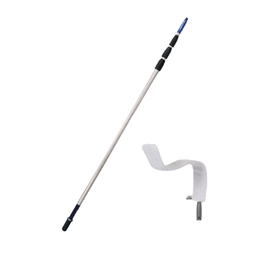 A surgical tool with an elongated, angled metallic shaft and a soft, cushioned handle, placed on a black background with colorful lines and graphs.