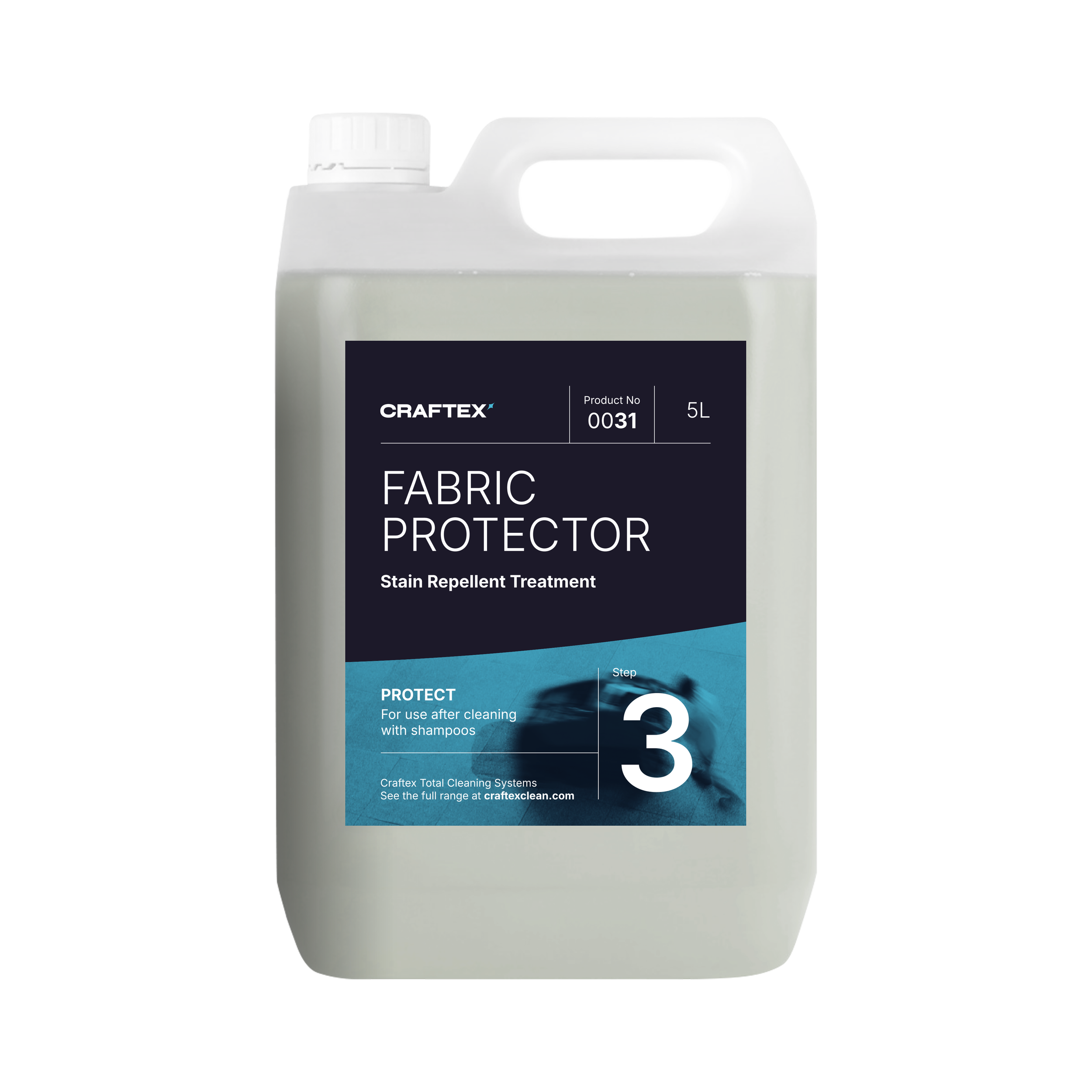A 5-liter container of Craftex Fabric Protector, a stain repellent treatment for fabric, with a black and blue label.