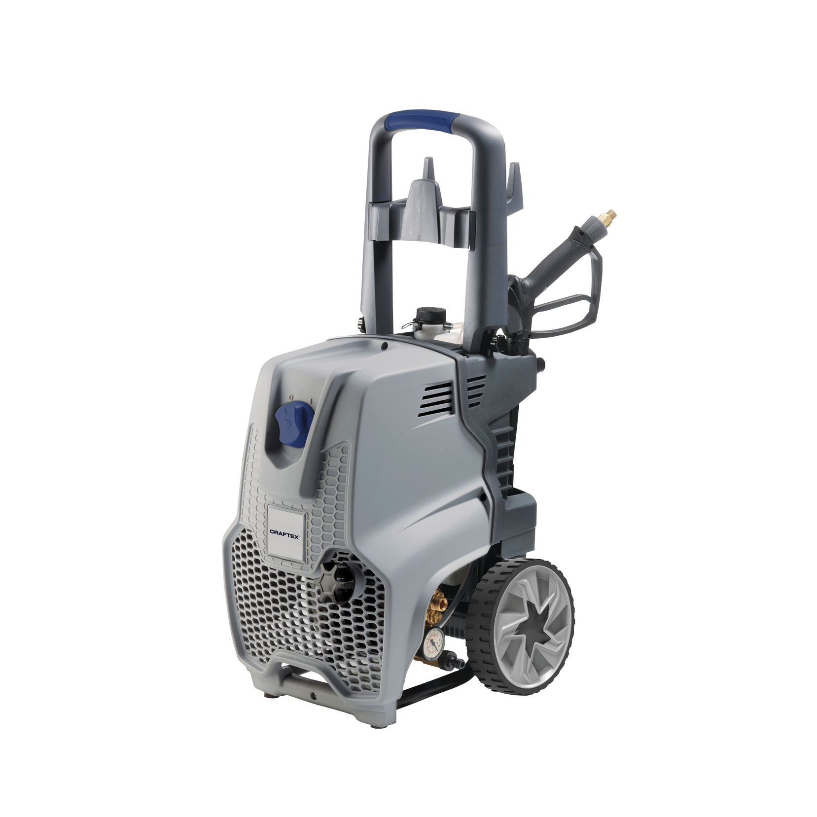 A gray and black pressure washer with large wheels.