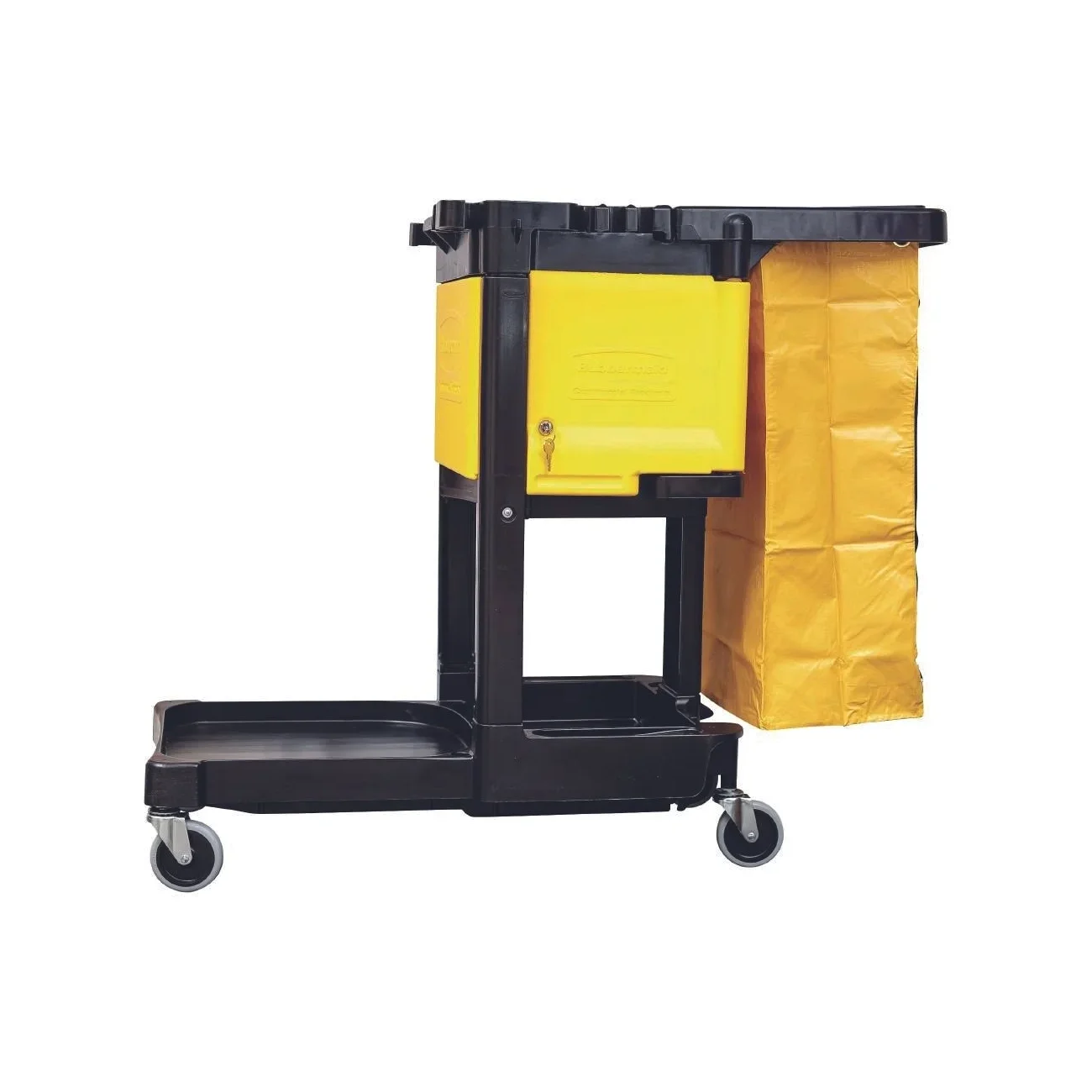 A black and yellow janitorial cart with wheels, containing cleaning supplies and a yellow trash bag attached to the side.