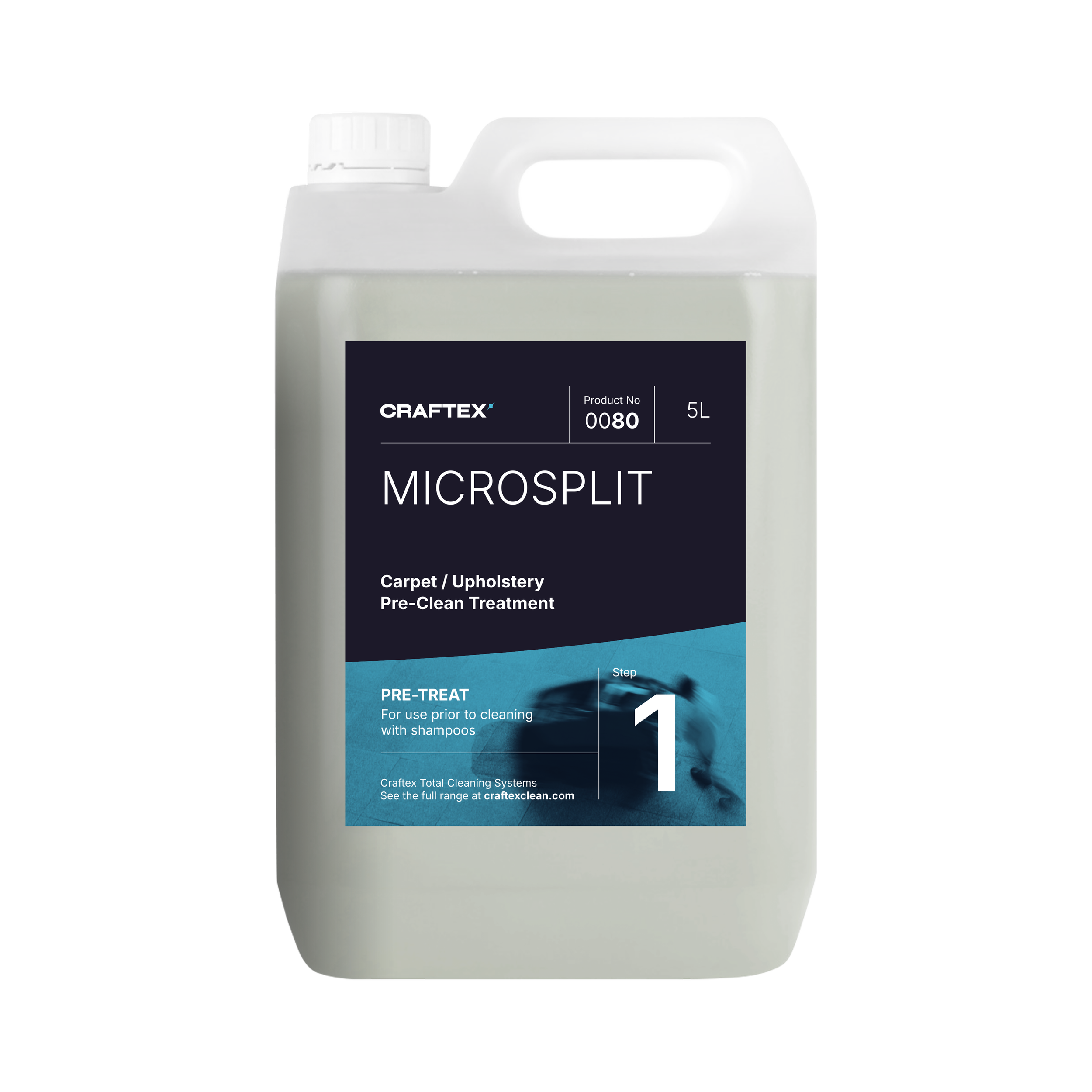 A 5-liter container of Craftex Microsplit Carpet and Upholstery Pre-Clean Treatment with a black and blue label.