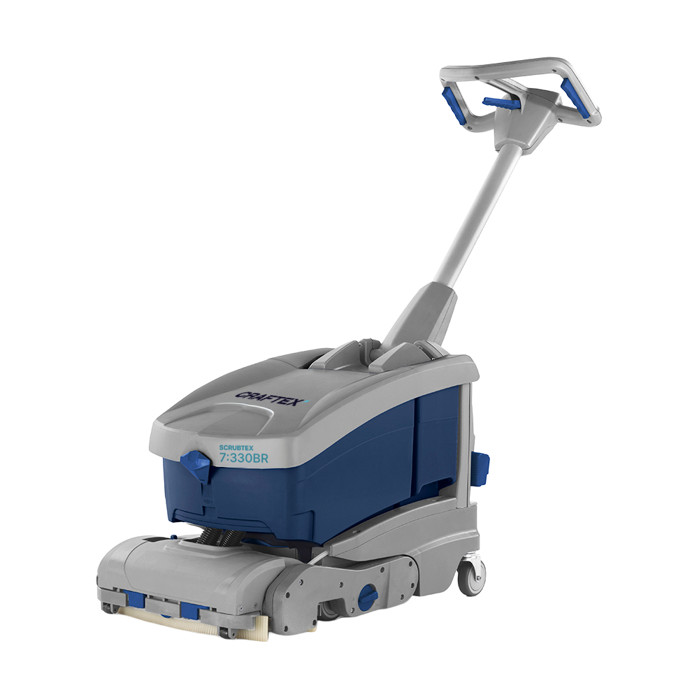 A commercial floor cleaning machine with a gray and blue design, a handlebar for operation, and a cleaning head at the front, labeled 'Scrubtex 7:330BR'.