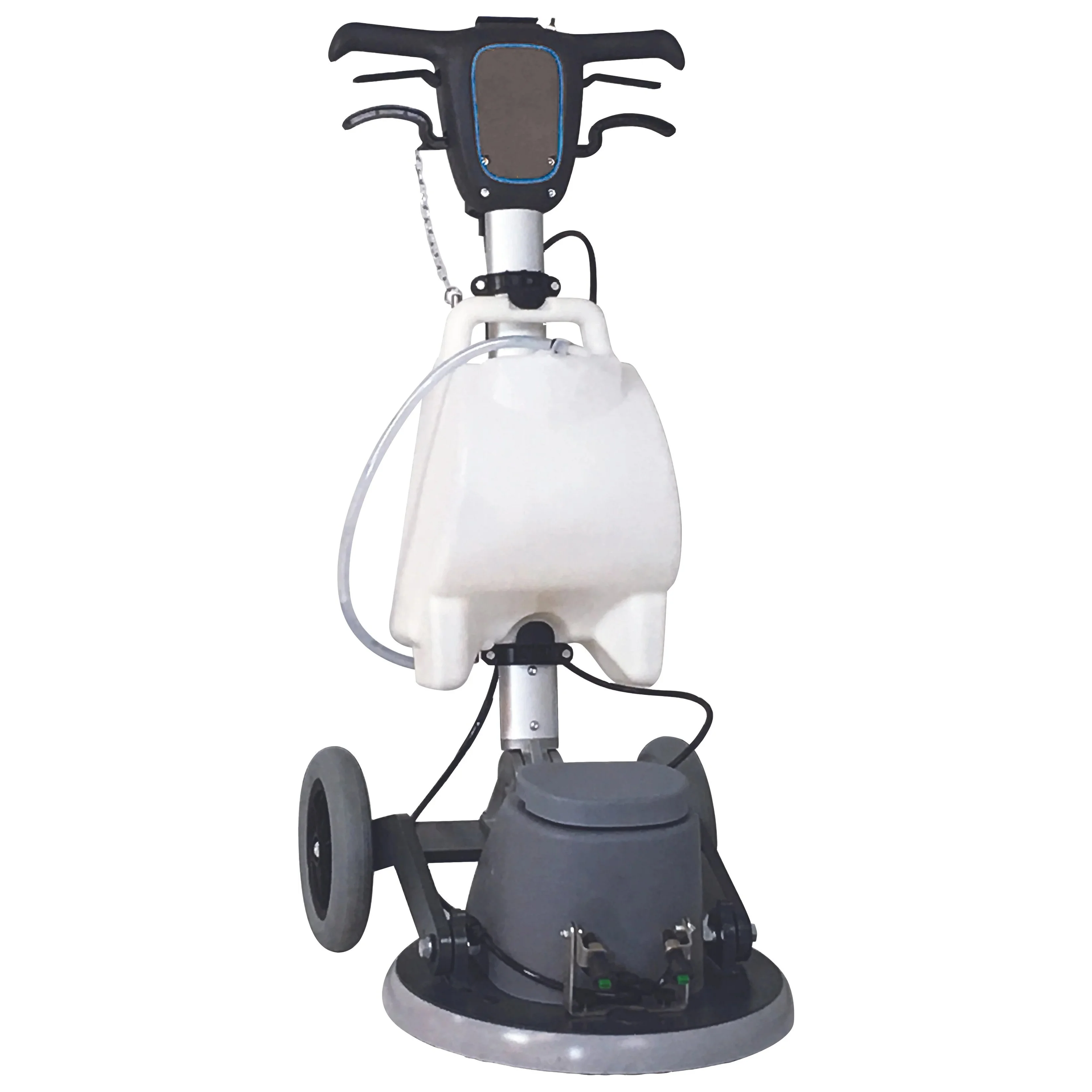 Robotic cleaning machine with a mounted spray tank, wheels, and controls, used for industrial or large-area cleaning.