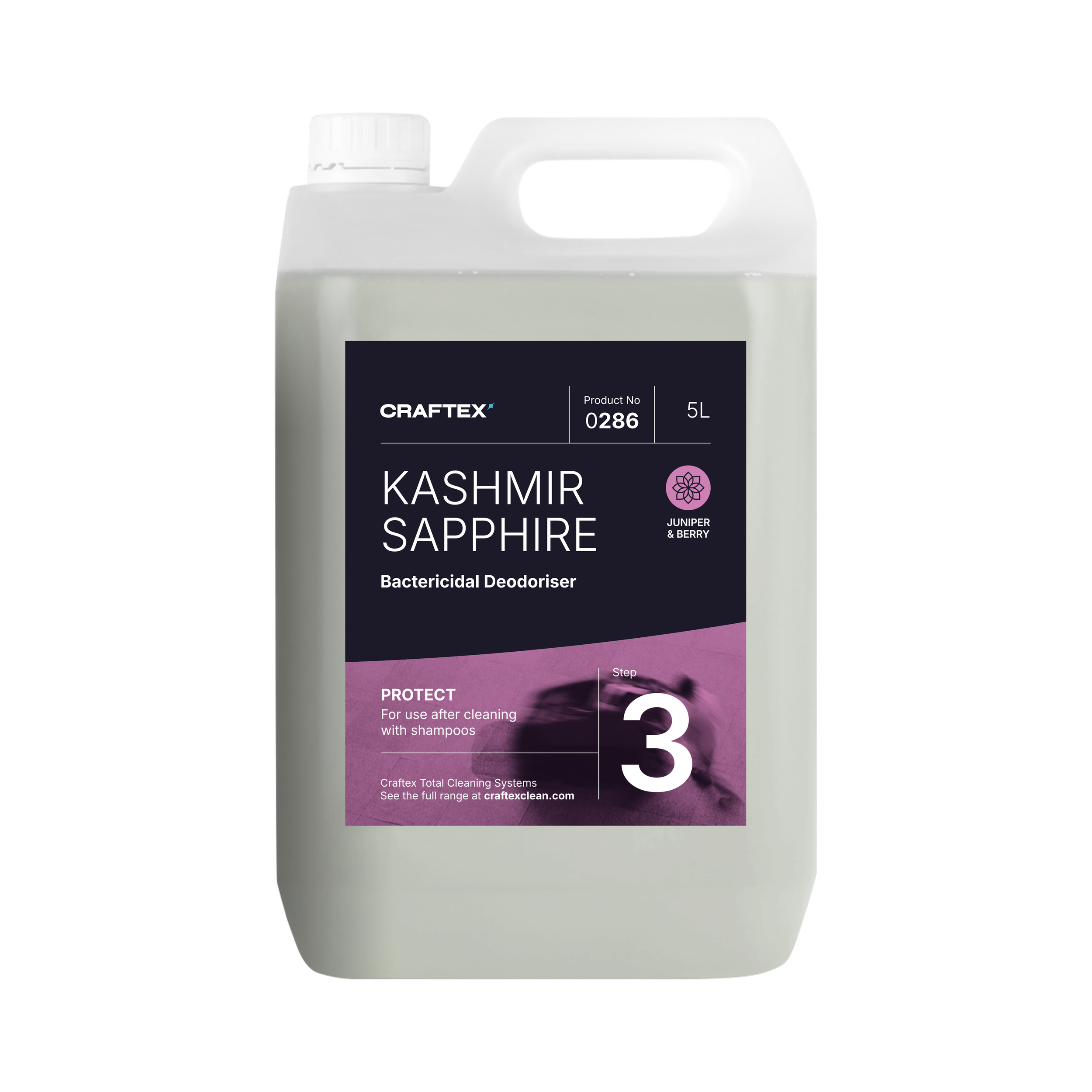 5-liter container of Kashmir Sapphire Bactericidal Deodoriser with juniper and berry scent, labeled for use after shampoo cleaning, step 3.