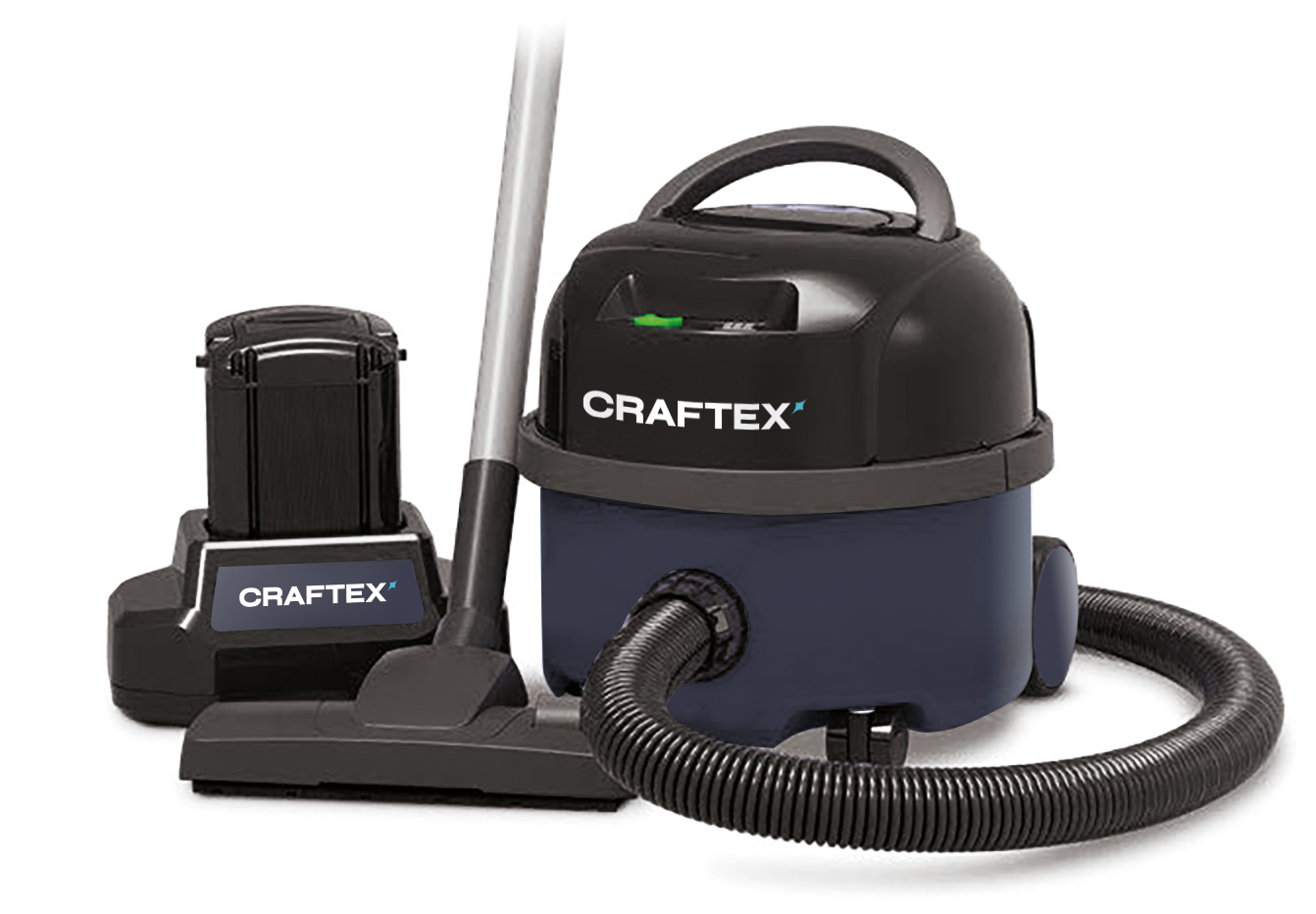A Craftex wet/dry vacuum cleaner with a black and blue body, a flexible hose, a floor attachment, and a battery pack, all branded with the Craftex logo.