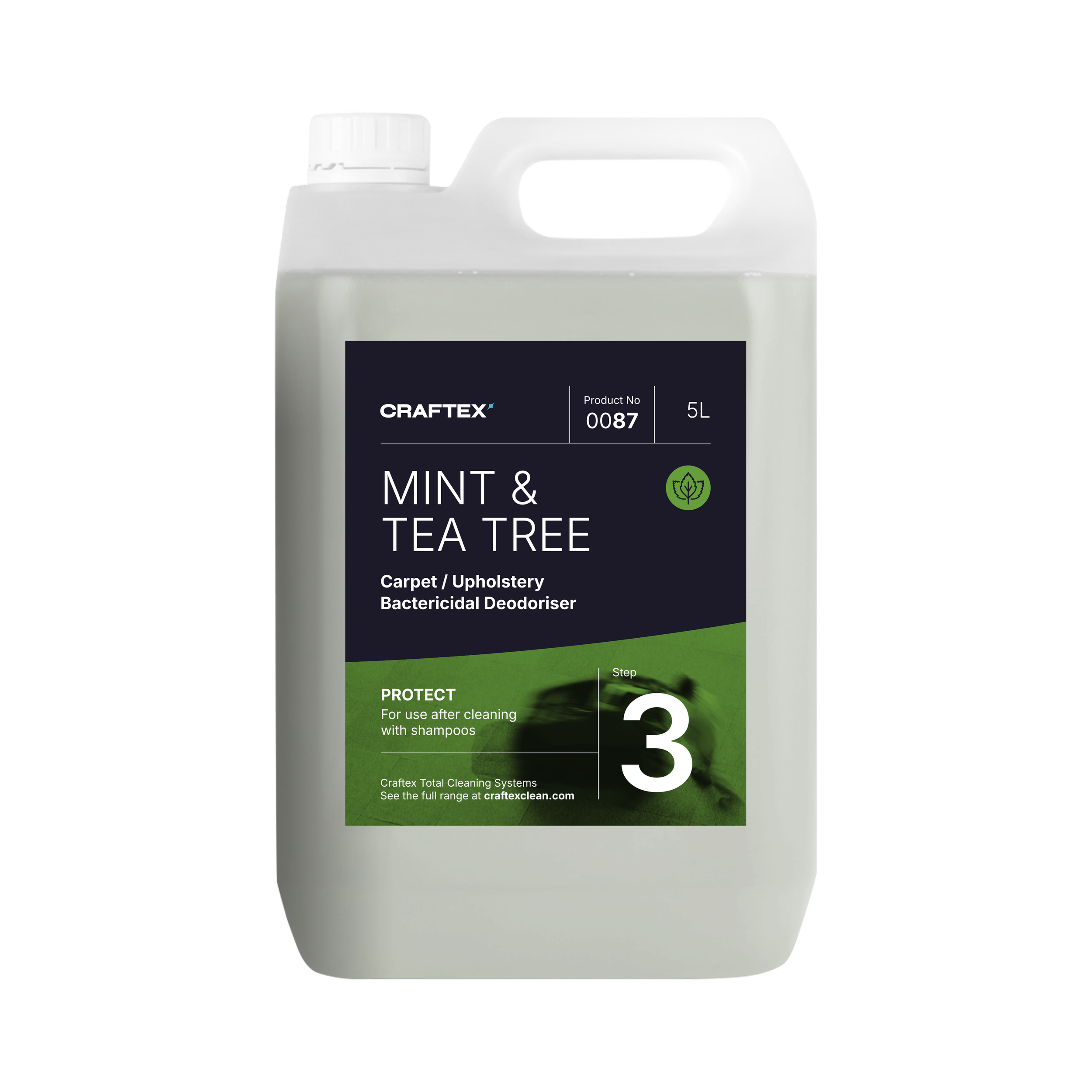 Container of Craftex Mint & Tea Tree Bactericidal Deodoriser for carpet and upholstery with label showing 5 liters, product number 0087, step 3 for use after cleaning with shampoos, featuring a green and black design.
