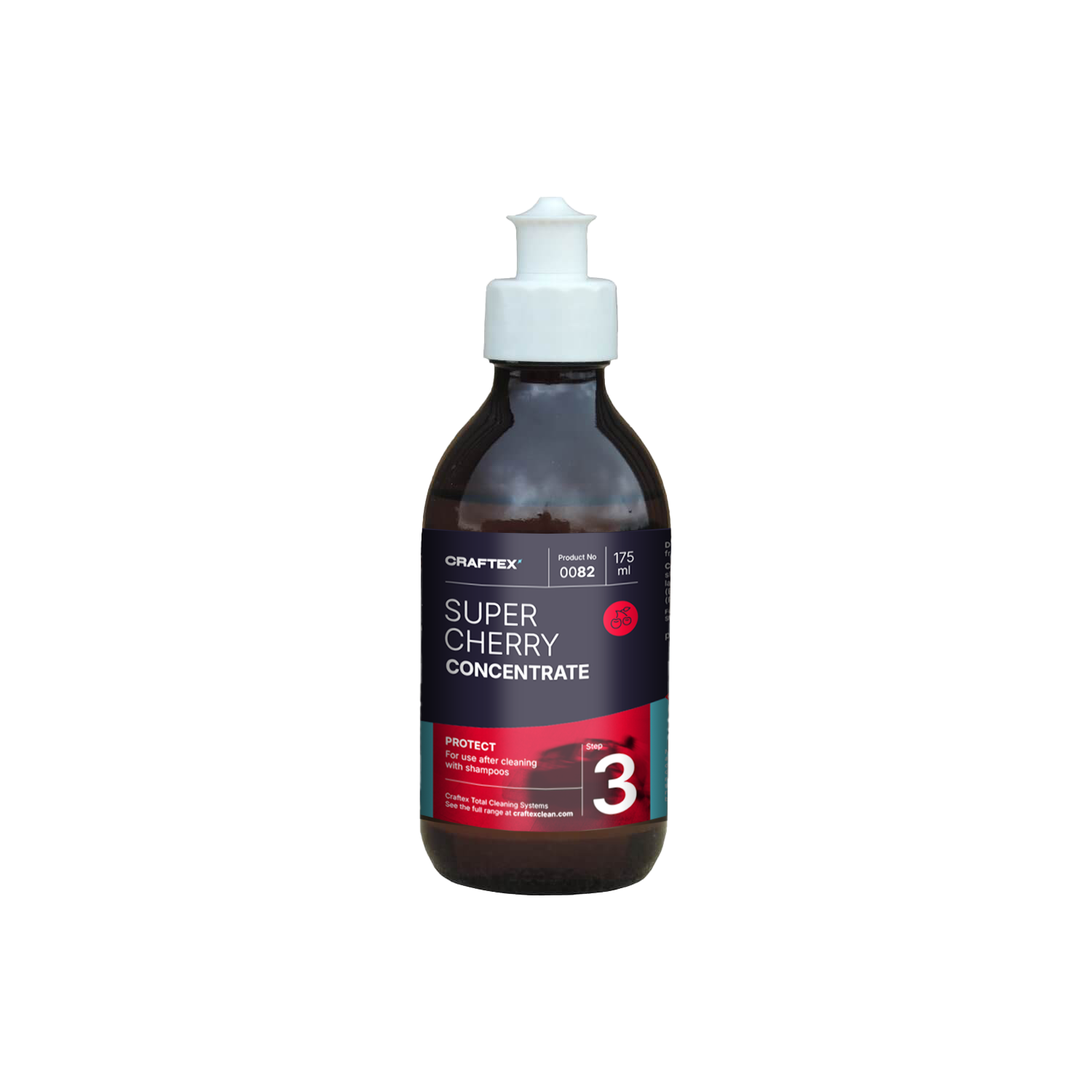 Bottle of Craftex Super Cherry Concentrate with a white pump dispenser and a dark label featuring red, white, and black colors.