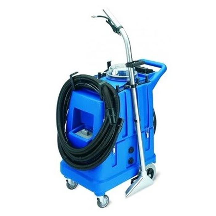 A blue cleaning cart with a hose, a cleaning wand, and a spray nozzle, typically used for industrial or commercial cleaning.
