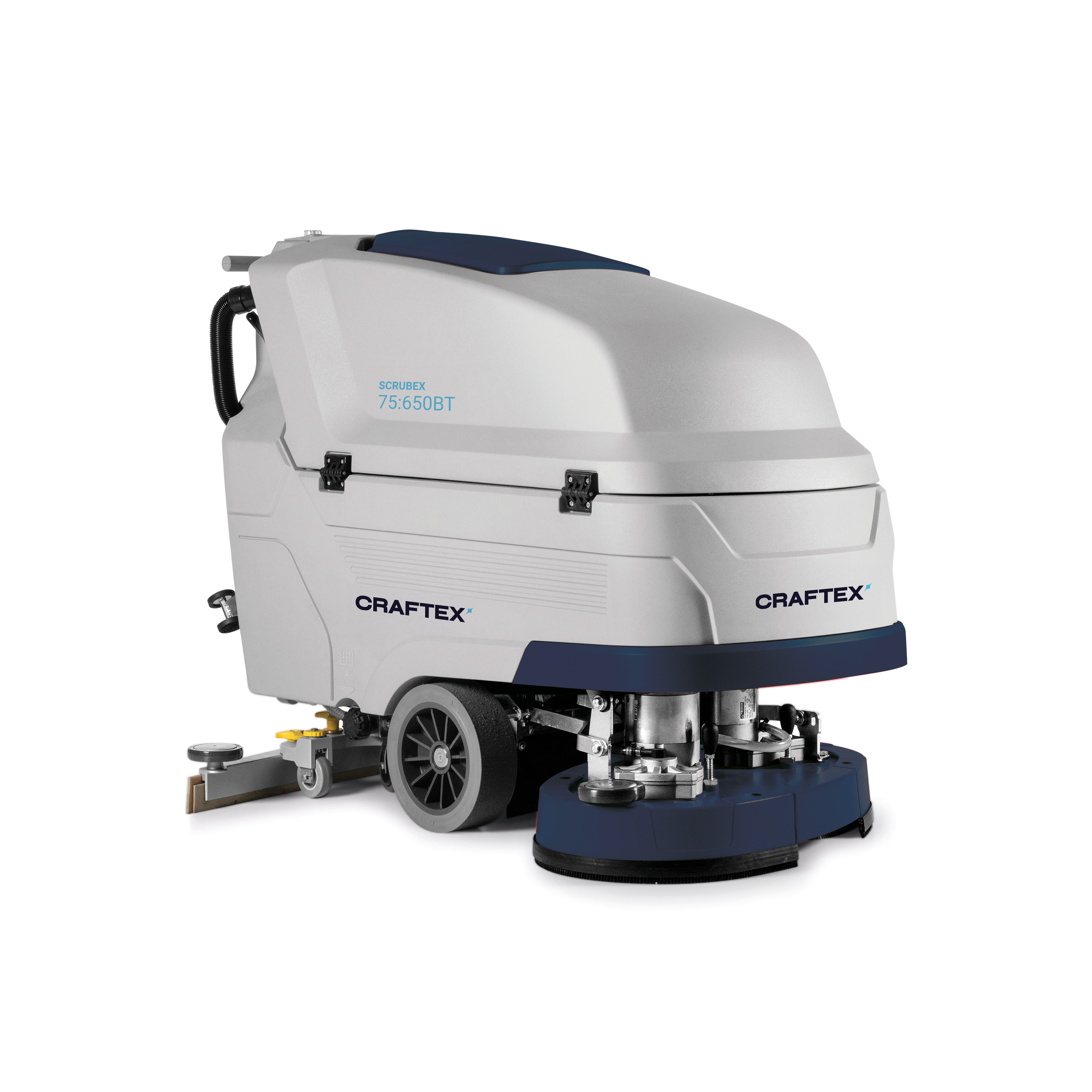 A floor cleaning scrubber and polisher machine with grey and navy blue color, labeled Craftex and Scrubex 75:650BT.