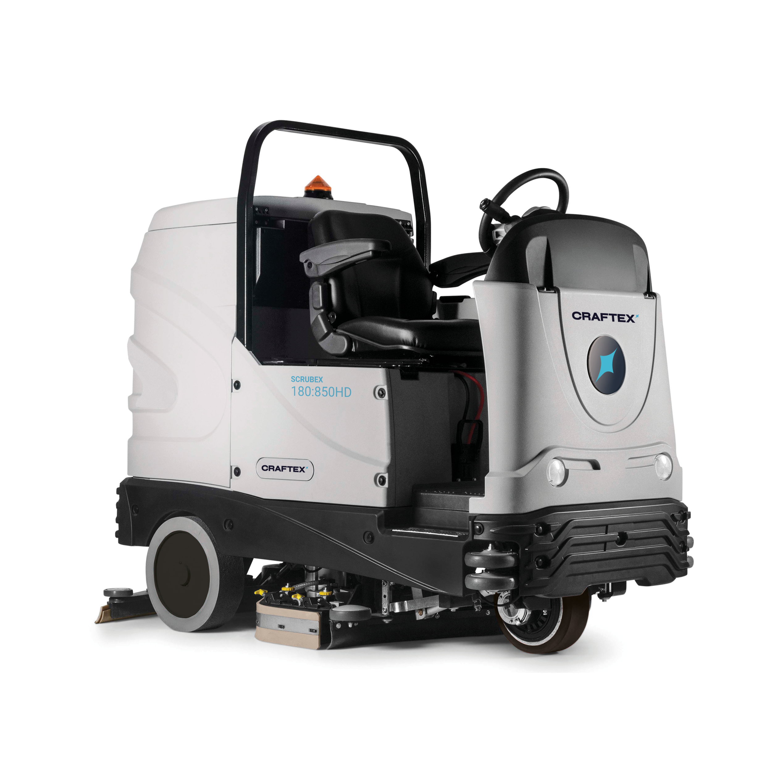 A white Craftex floor cleaning machine with black seat and controls, labeled with blue and black text.