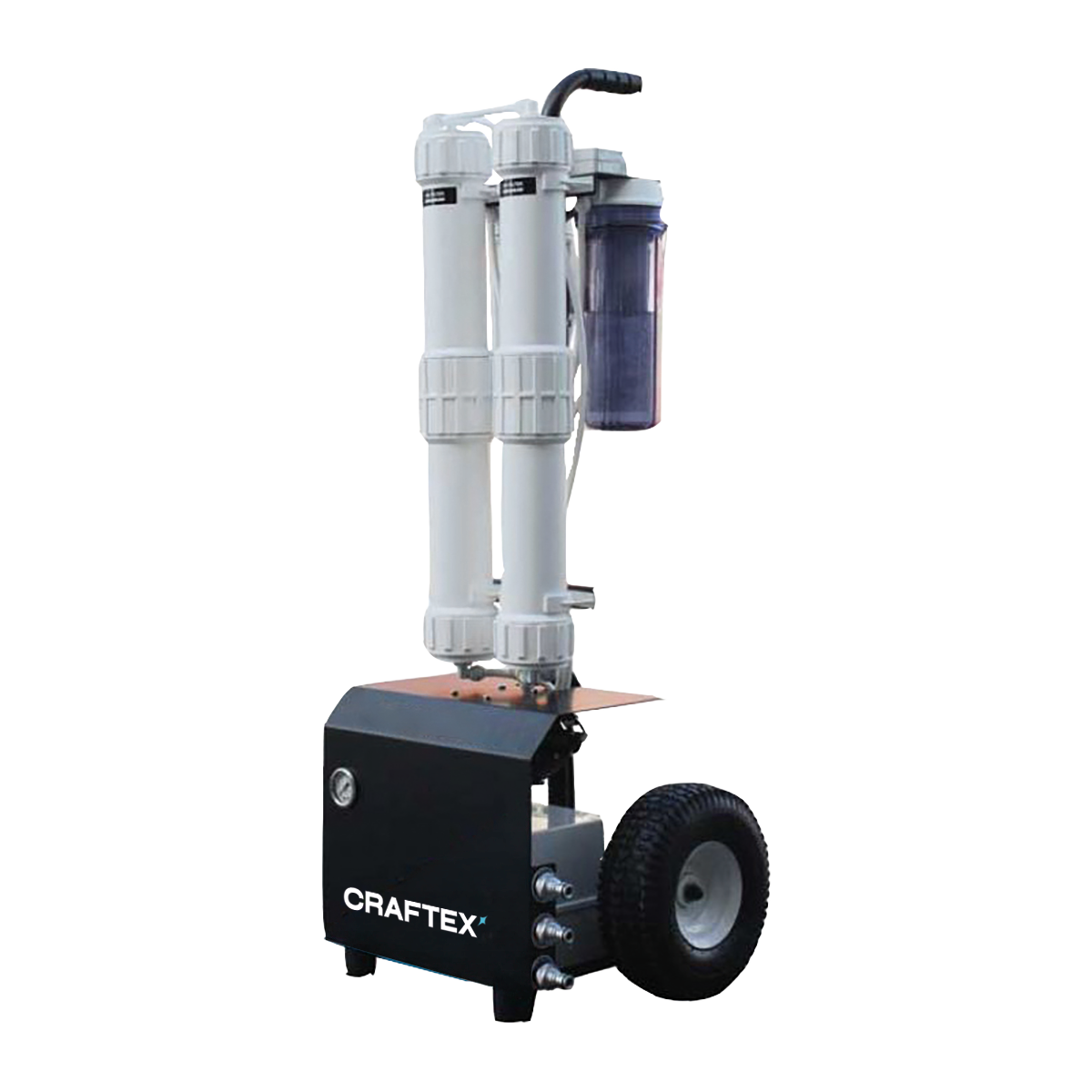 A portable water filtration system with a black base labeled CRAFTEX, multiple white filters, a transparent blue filter housing, and a black wheel for mobility.