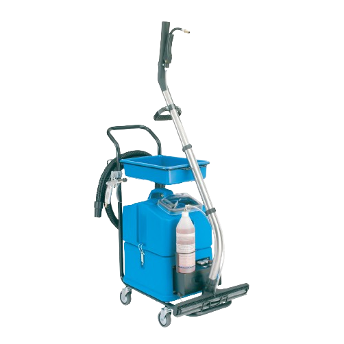 A mop bucket and cleaning cart with a blue container, a white spray bottle, and a trash bag, used for janitorial cleaning.