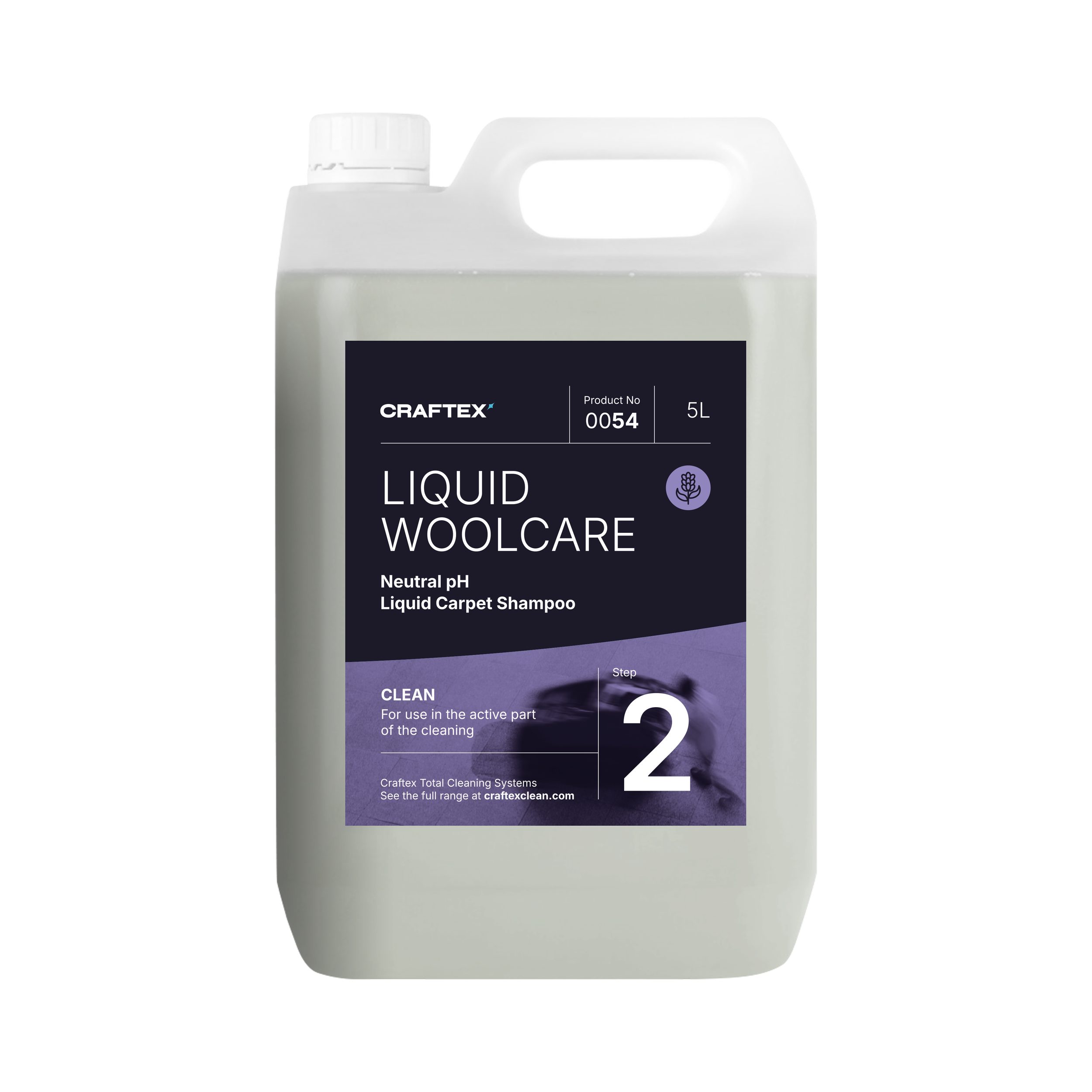 A 5-liter container of Craftex Liquid Woolcare carpet shampoo with a dark purple label and white text, indicating it is a neutral pH liquid wool care product for cleaning active parts of carpets.
