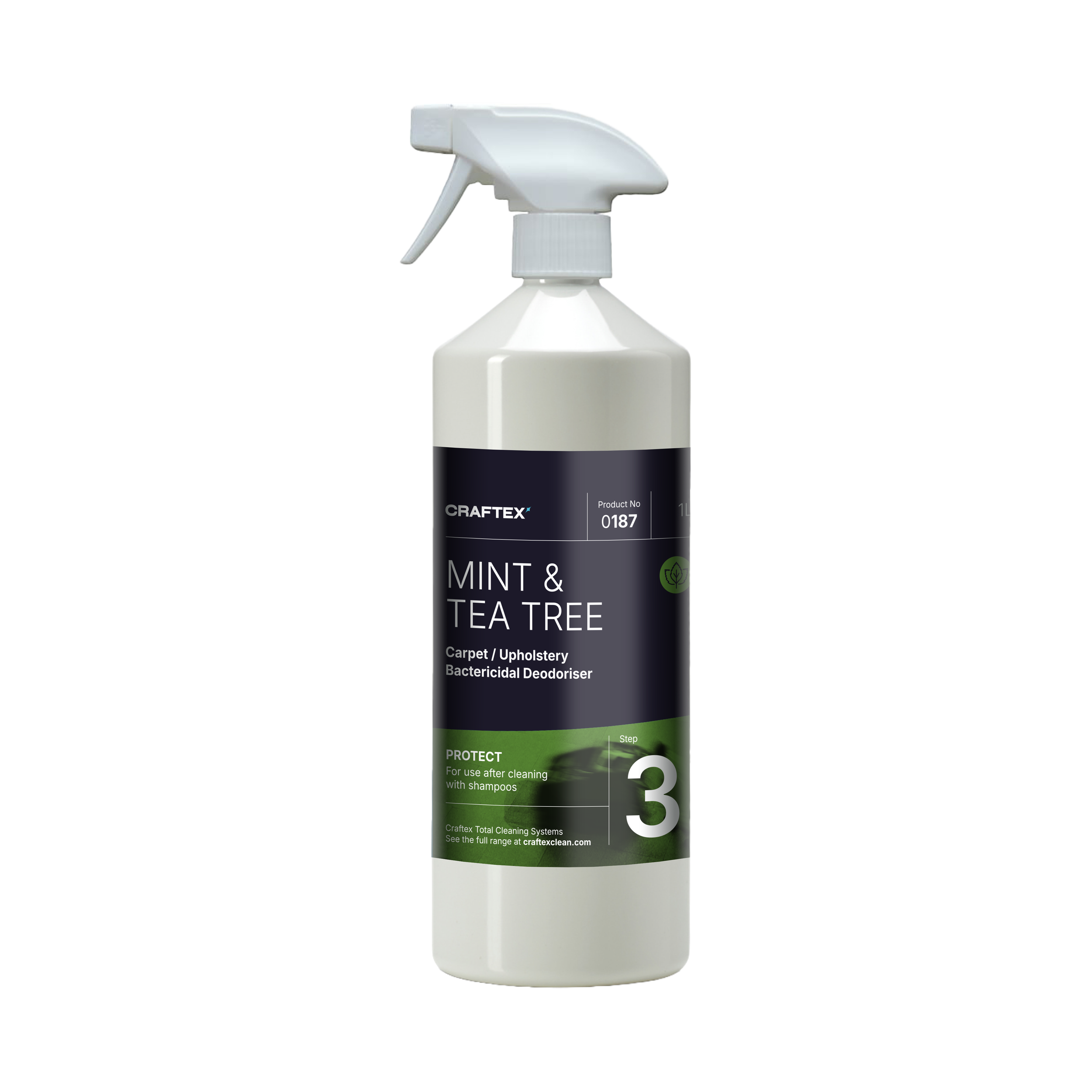 Spray bottle of Craftex Mint & Tea Tree Bacterial Deodoriser for carpet and upholstery with a spray nozzle.