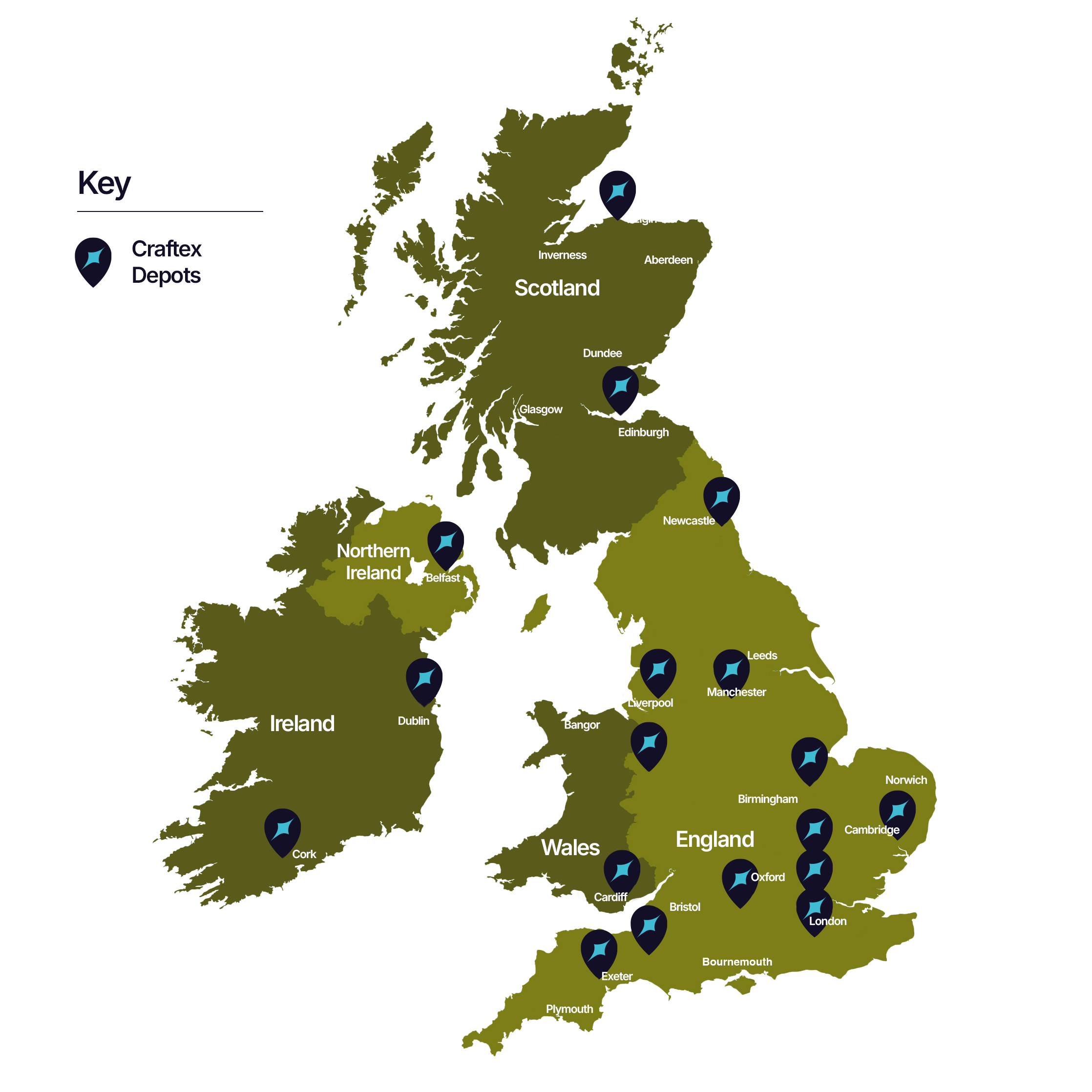 Map of the United Kingdom and Ireland showing locations of Craftex Depots marked with a dark blue icon with a light blue star, located in Scotland, Northern Ireland, Ireland, Wales, and England, including cities like London, Manchester, Birmingham, Liverpool, and Edinburgh.
