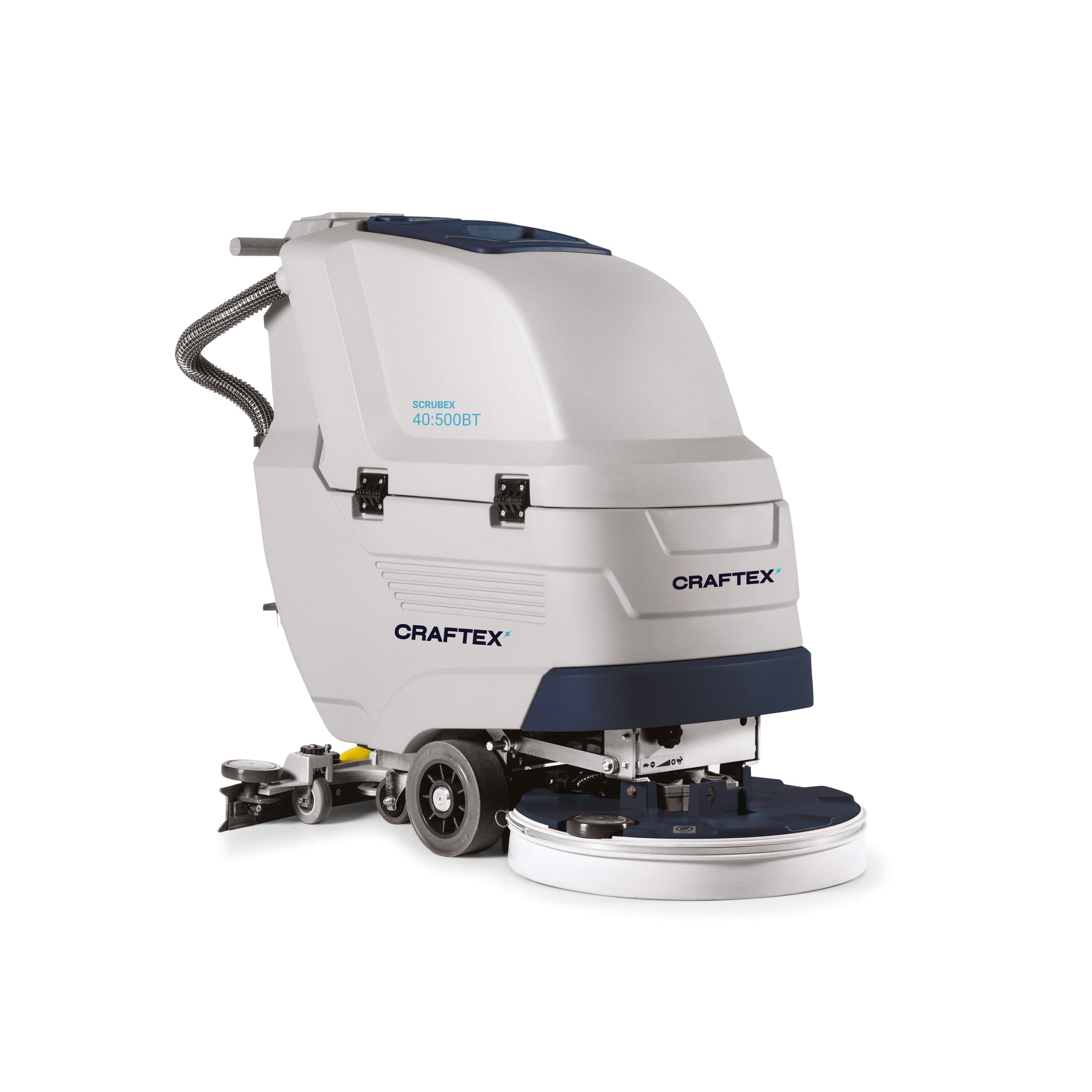 Automated floor cleaning machine with a circular cleaning pad at the front, branded Craftex, white and navy blue in color.
