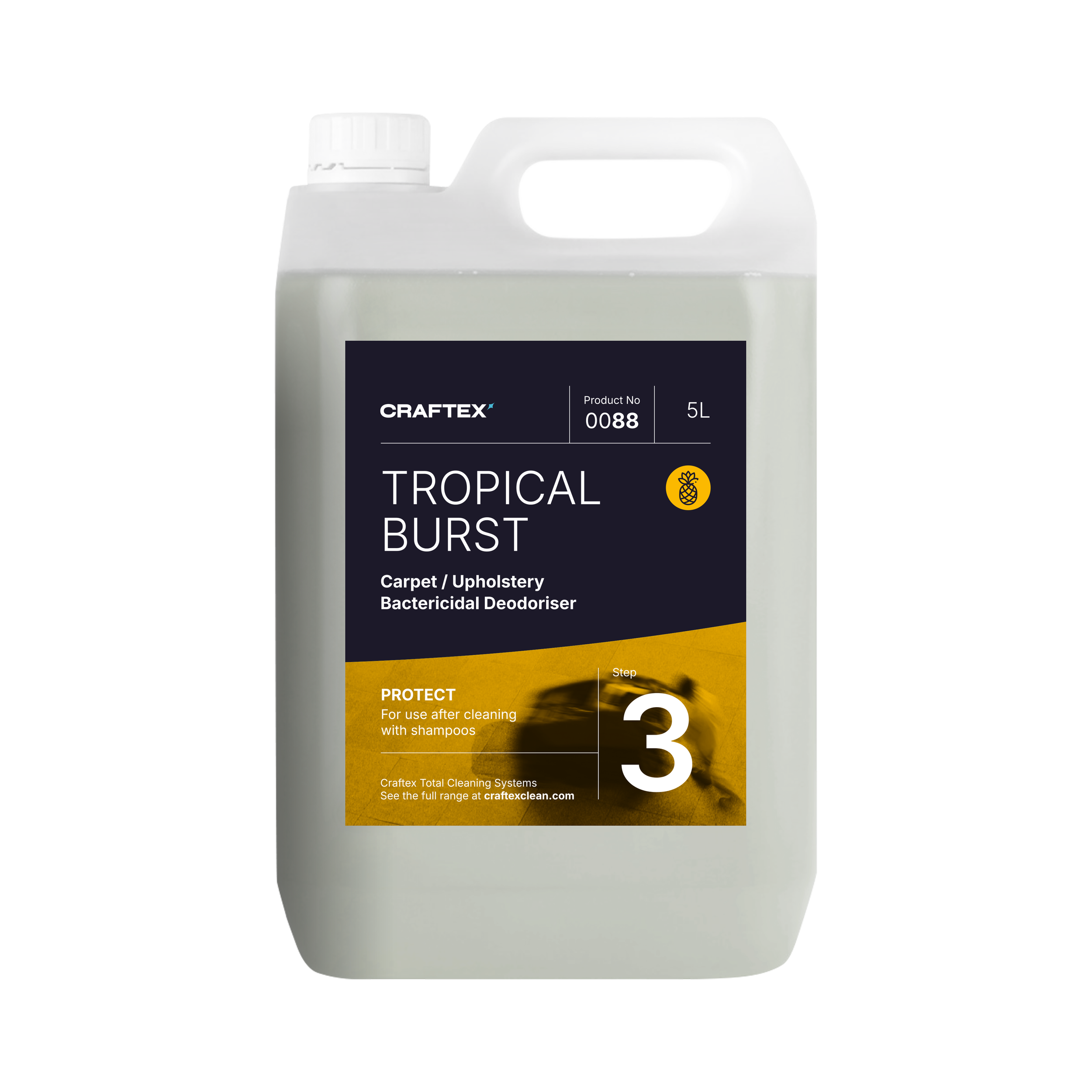 5-liter container of Craftex Tropical Burst Bactericidal Deodoriser for carpet and upholstery cleaning, featuring a label with a pineapple icon, the product name, size, and usage instructions.