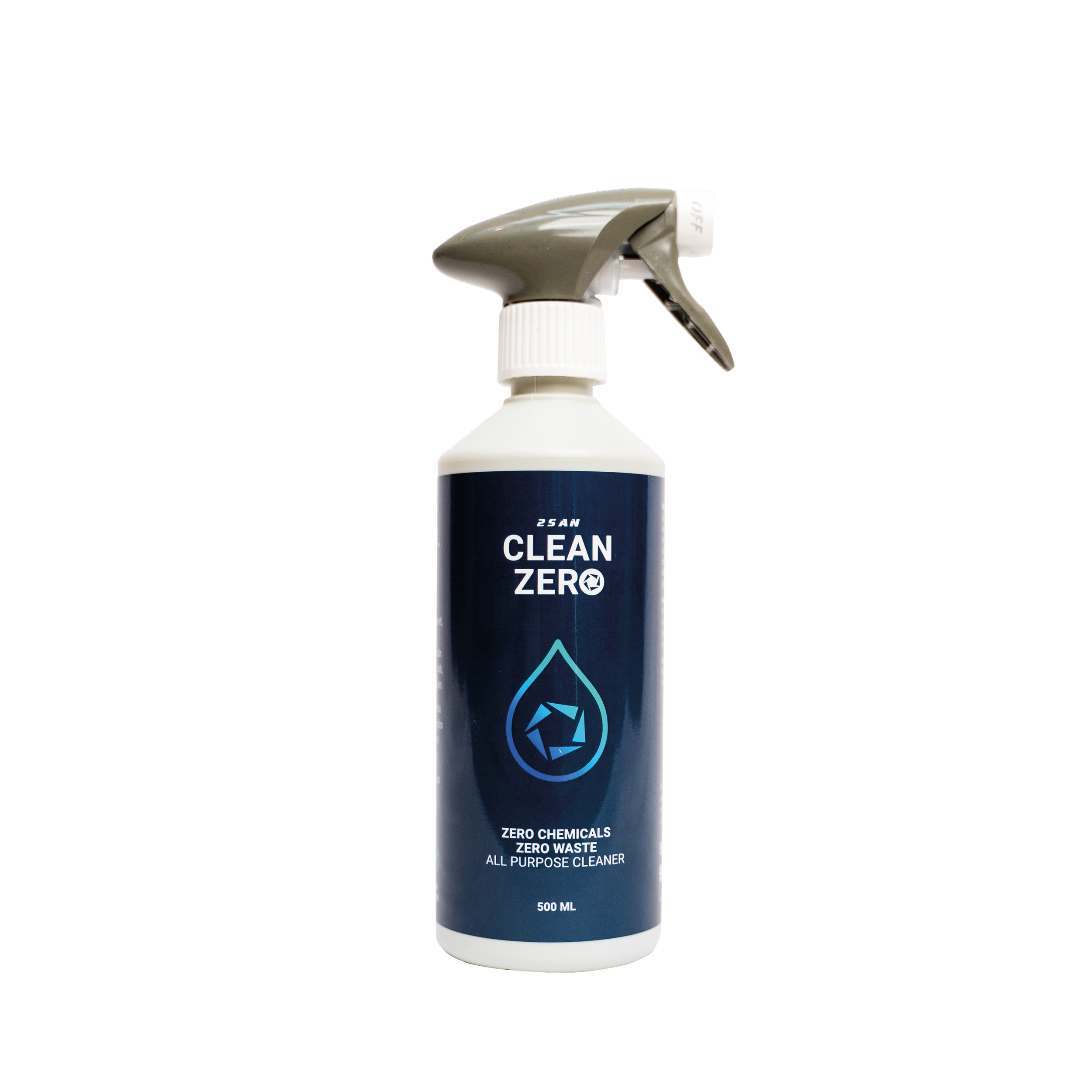 A 500ml spray bottle of Clean Zero all-purpose cleaner with a dark blue label, featuring a water droplet and recycling symbol, positioned against a black background.