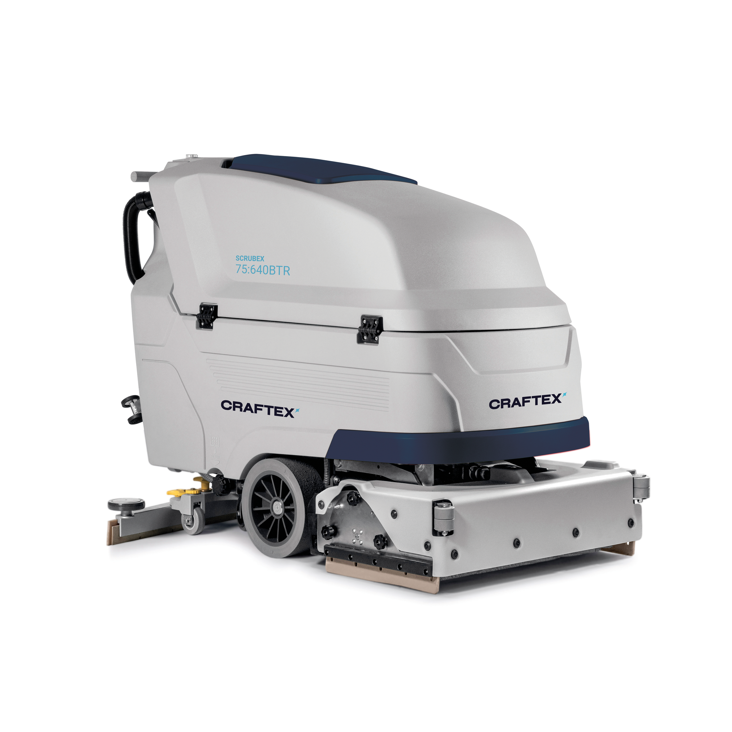 Industrial floor cleaning robot with gray and blue exterior, labeled Craftex, equipped with brushes and wheels for large surface cleaning.