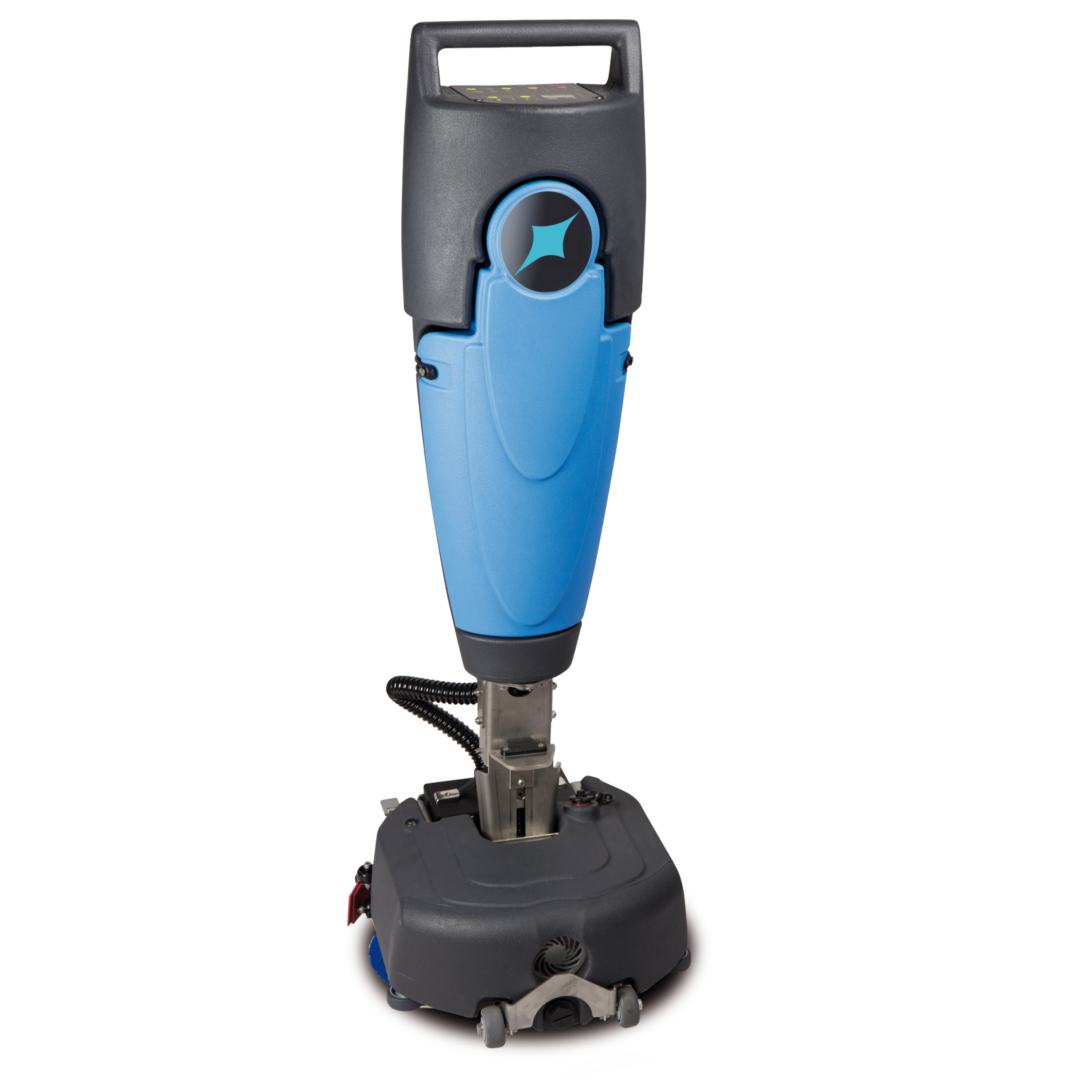 A blue and black automatic floor scrubber with a tall handle and a cleaning brush underneath.