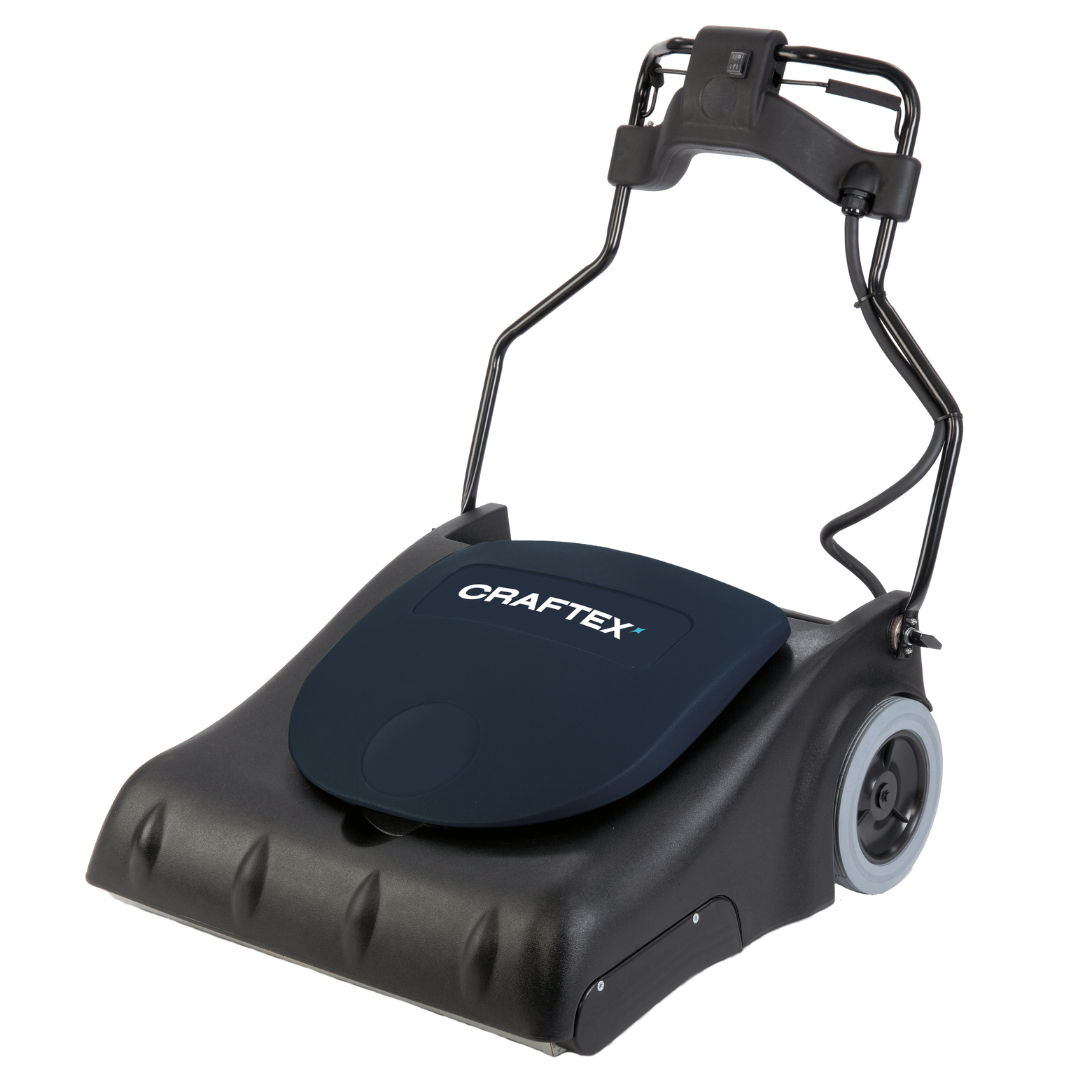 A black and blue Craftex floor sanding machine with two large wheels and a handle, used for sanding floors.