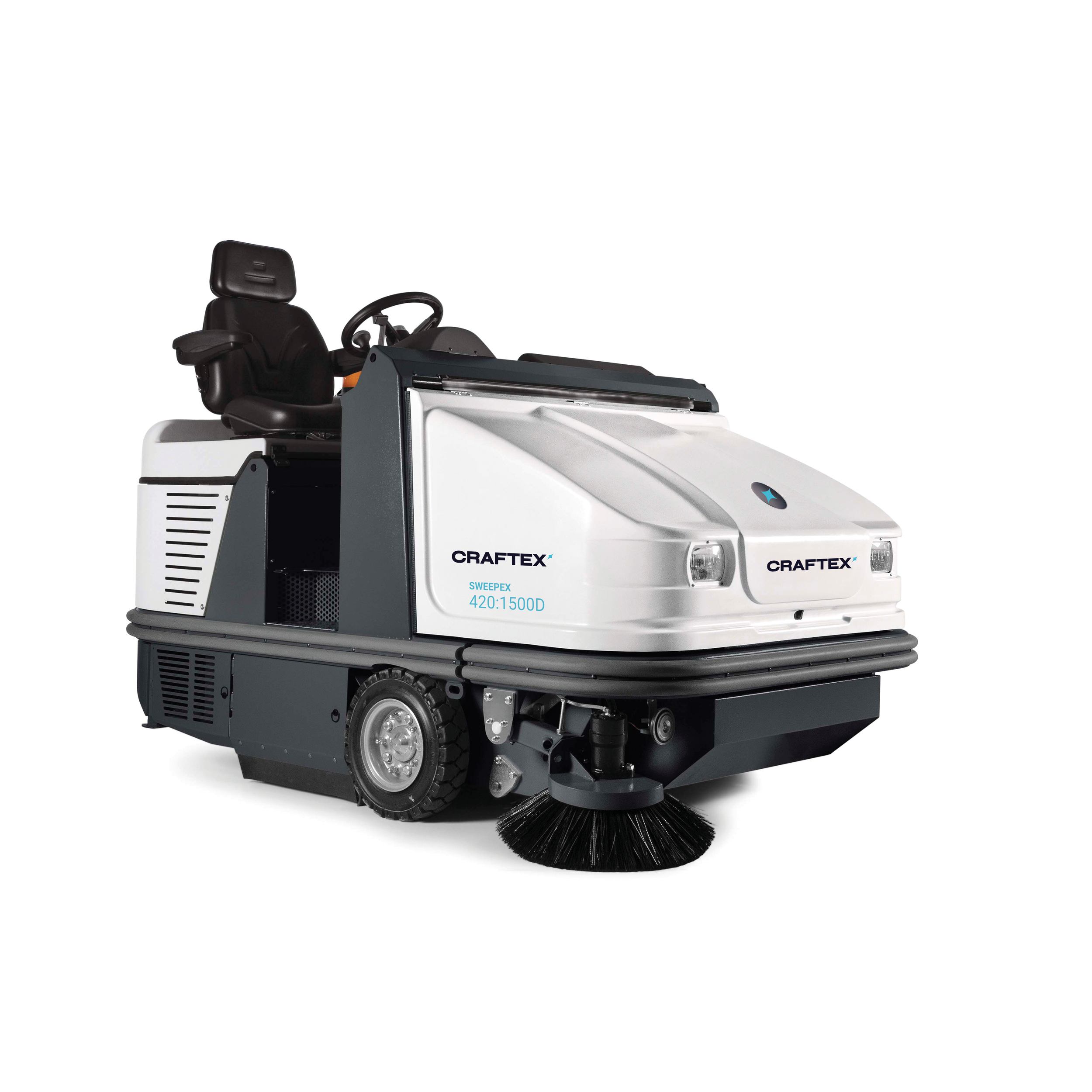 Automated street sweeper with a black brush at the front and a white and gray body.