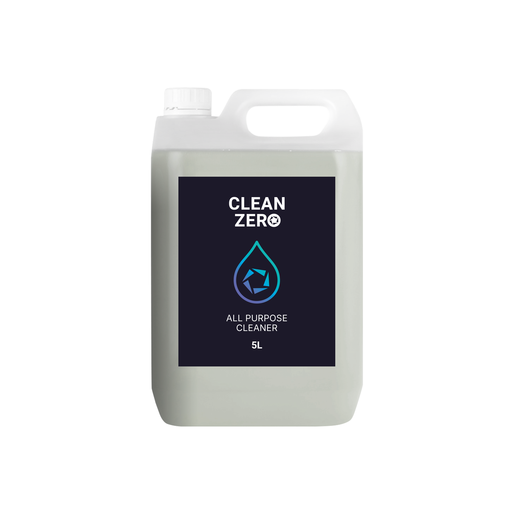 A 5-liter container of Clean Zero all-purpose cleaner with a black label featuring a blue water droplet and geometric symbol.