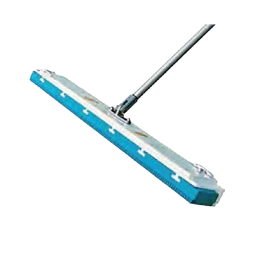 A mop with a blue and white sponge head and a long handle, cleaning a floor.