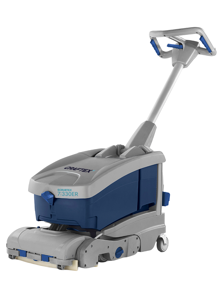 A commercial floor scrubbing machine with a white and blue body, a long handle, and large rotating brushes at the bottom.