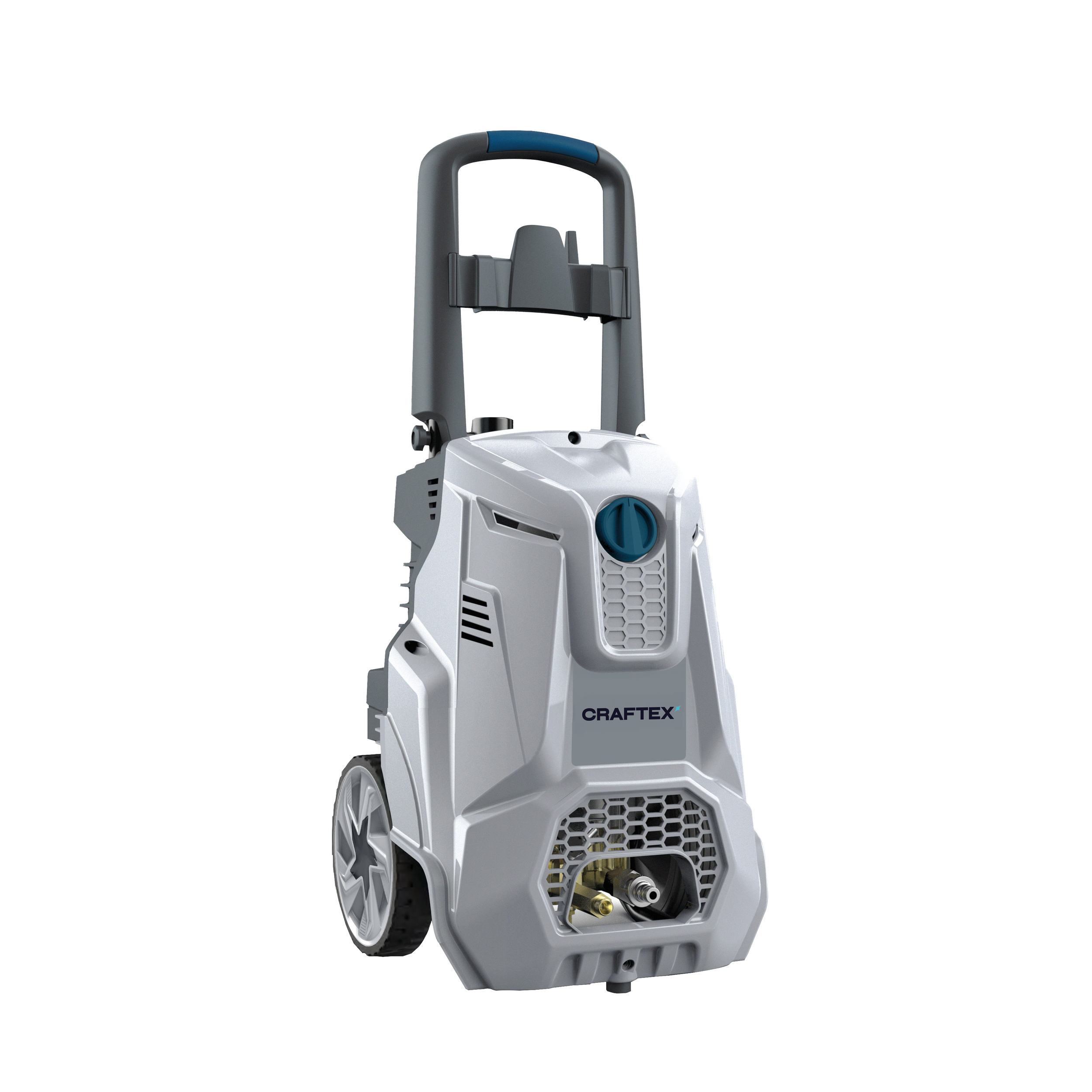 Gray and white pressure washer with large wheels, a black spray gun holder, and a blue control dial, labeled 'Craftex'.