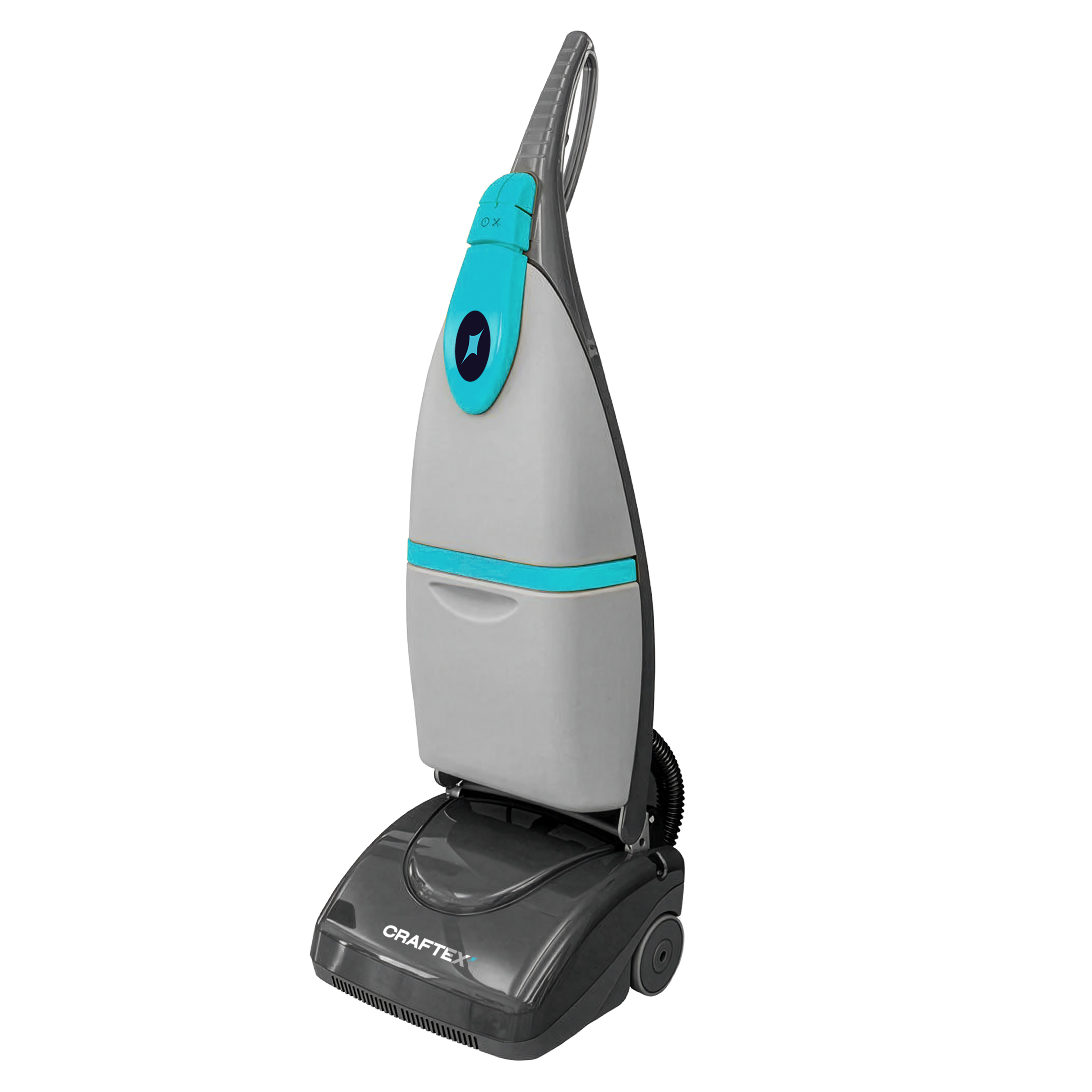 A blue upright upholstery cleaning machine with a black handle, hoses, and a digital control panel.